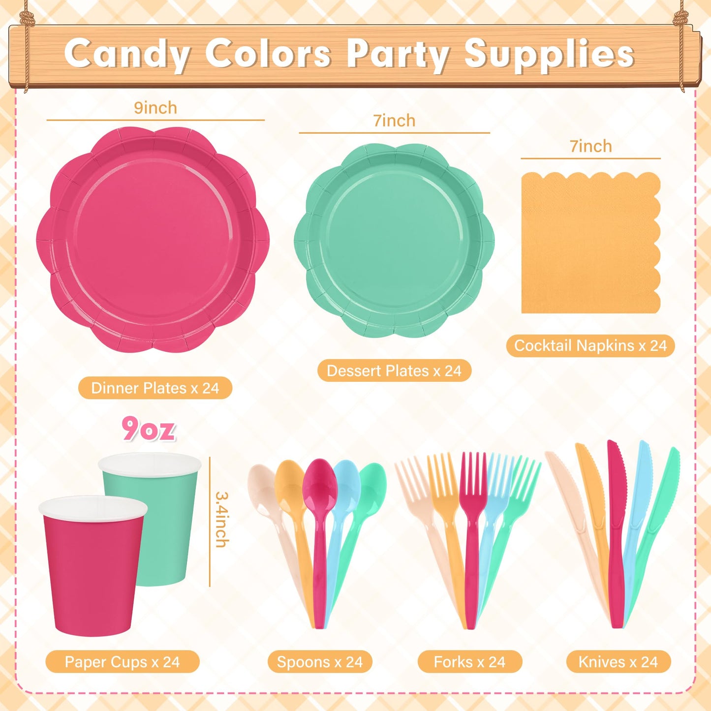 ZUQMZUQ 350 Pcs Colorful Party Plates and Napkins Party Supplies Serves 50 Guests Include Candy Colors Scalloped Plate Napkin Cup & Cutlery for Baby