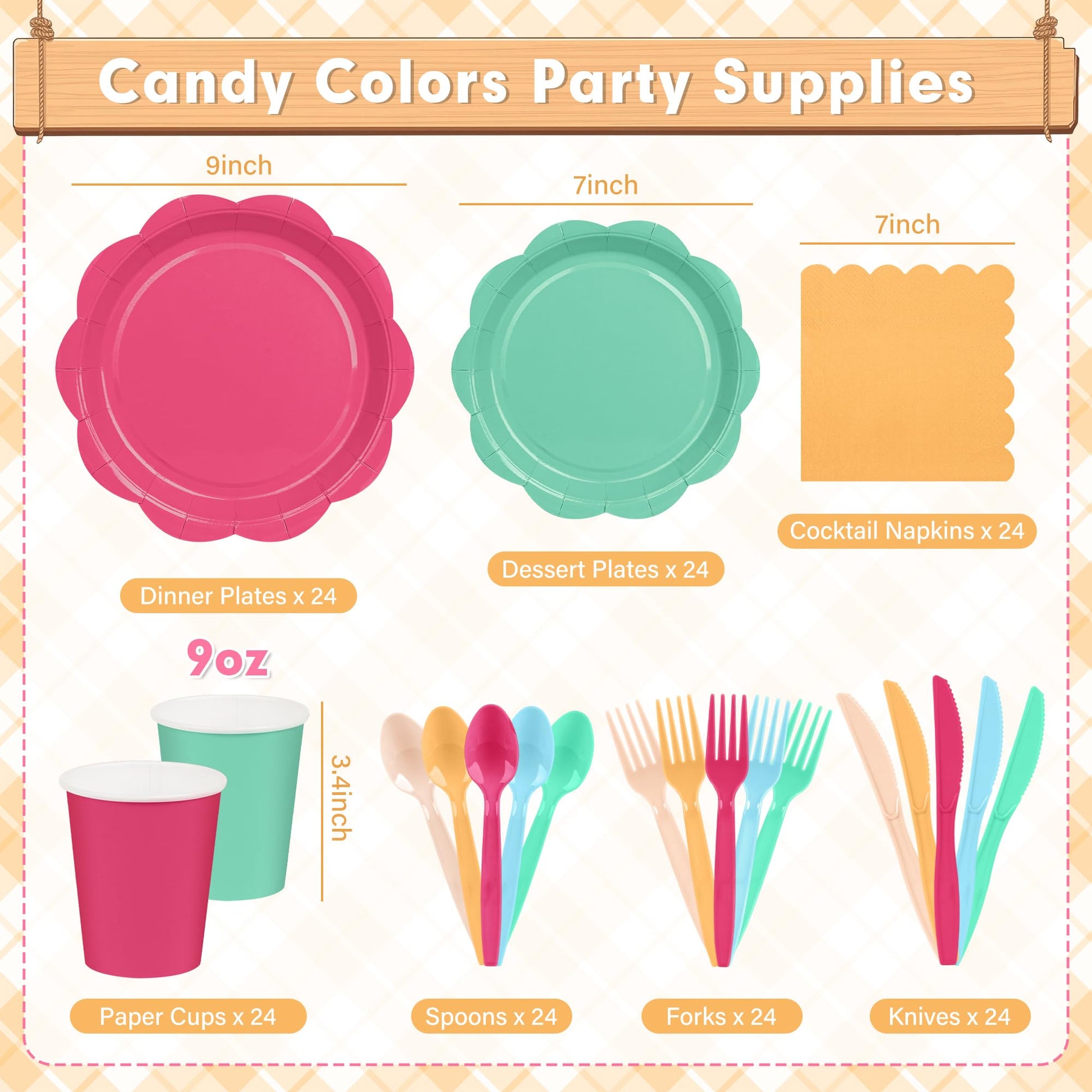 ZUQMZUQ 350 Pcs Colorful Party Plates and Napkins Party Supplies Serves 50 Guests Include Candy Colors Scalloped Plate Napkin Cup & Cutlery for Baby