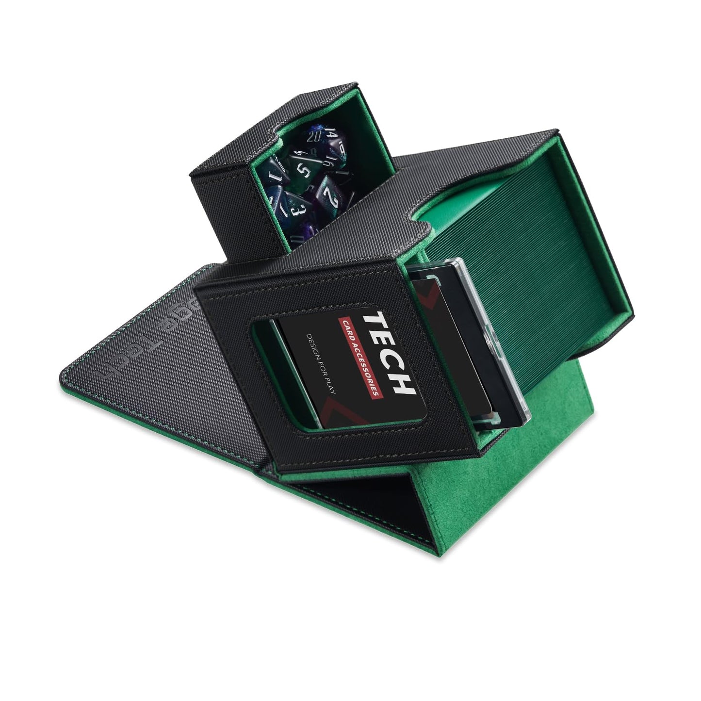 Mage Tech Card Deck Box for MTG Commander - Patented Design, Commander Display, Fits 100 Double-Sleeved Cards, 35pt Card Brick & Dice Tray