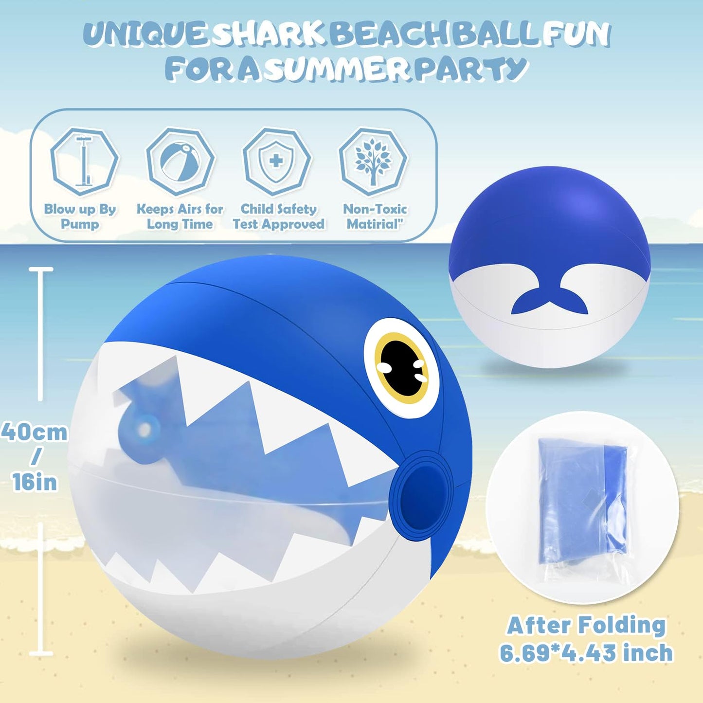 GODR7OY 16" Large Beach Ball, Clear Shark Inflatable Beach Balls Beach Toys for Kids and Adults Birthday Party Supplies, Fun Shark Swimming Pool Balls