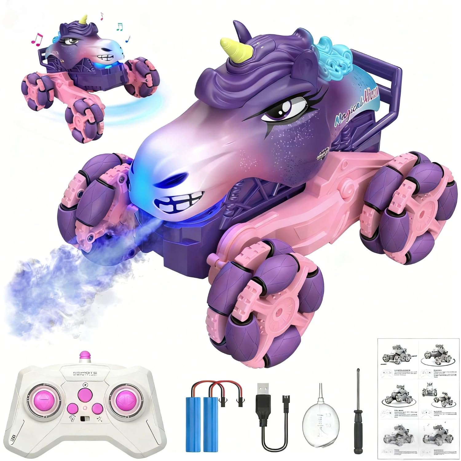 1:18 Pink Unicorn Monster Truck with Spray,120 Min Runtime,Gift for Girl 3+