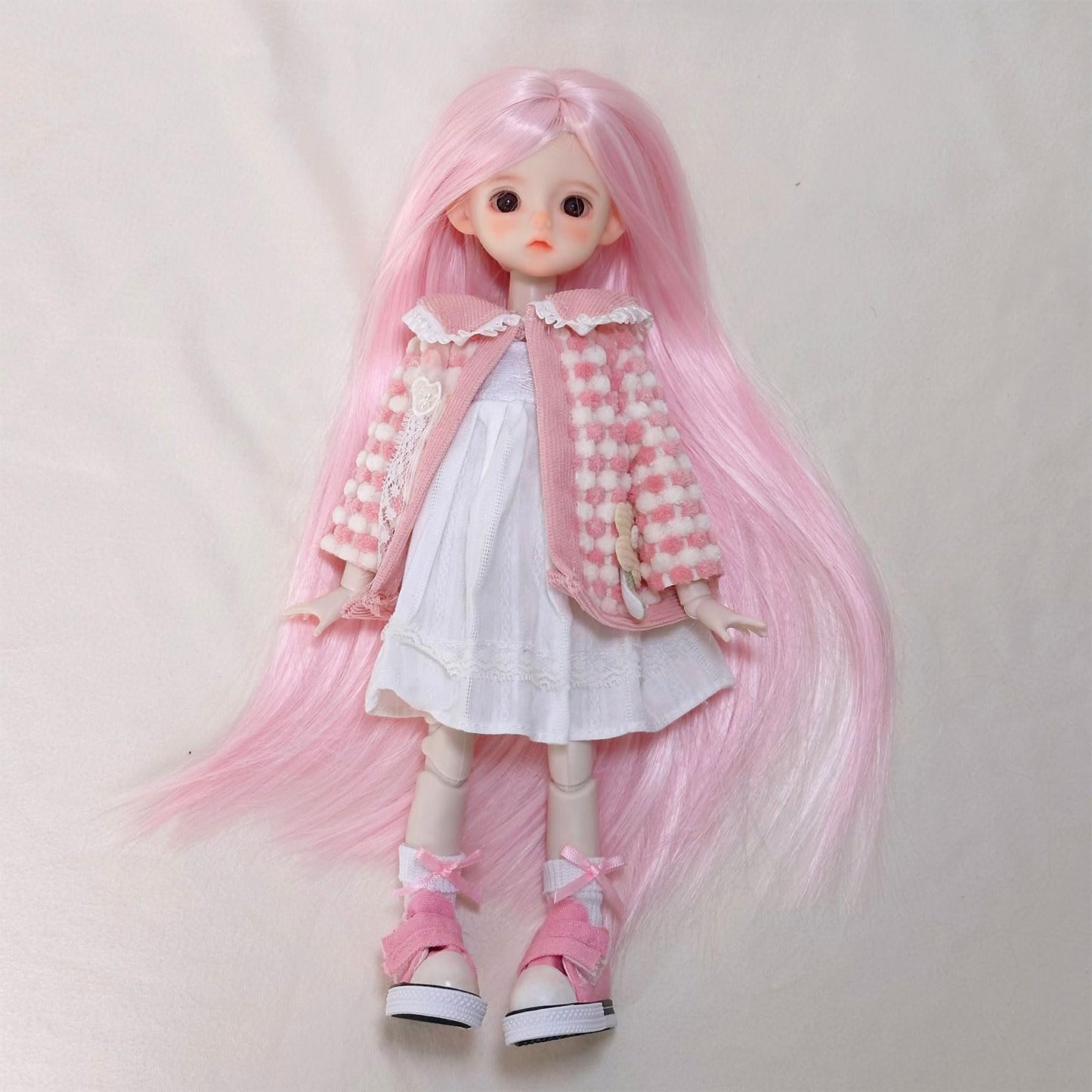 KEYCHARM LINARA 1/6 BJD Doll 12" Ball Jointed Doll with Pink Fluffy Coat, White Dress & Canvas Shoes - Cute Makeup, Vertical Pink Wig - Collectible