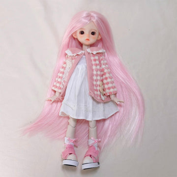 KEYCHARM LINARA 1/6 BJD Doll 12" Ball Jointed Doll with Pink Fluffy Coat, White Dress & Canvas Shoes - Cute Makeup, Vertical Pink Wig - Collectible