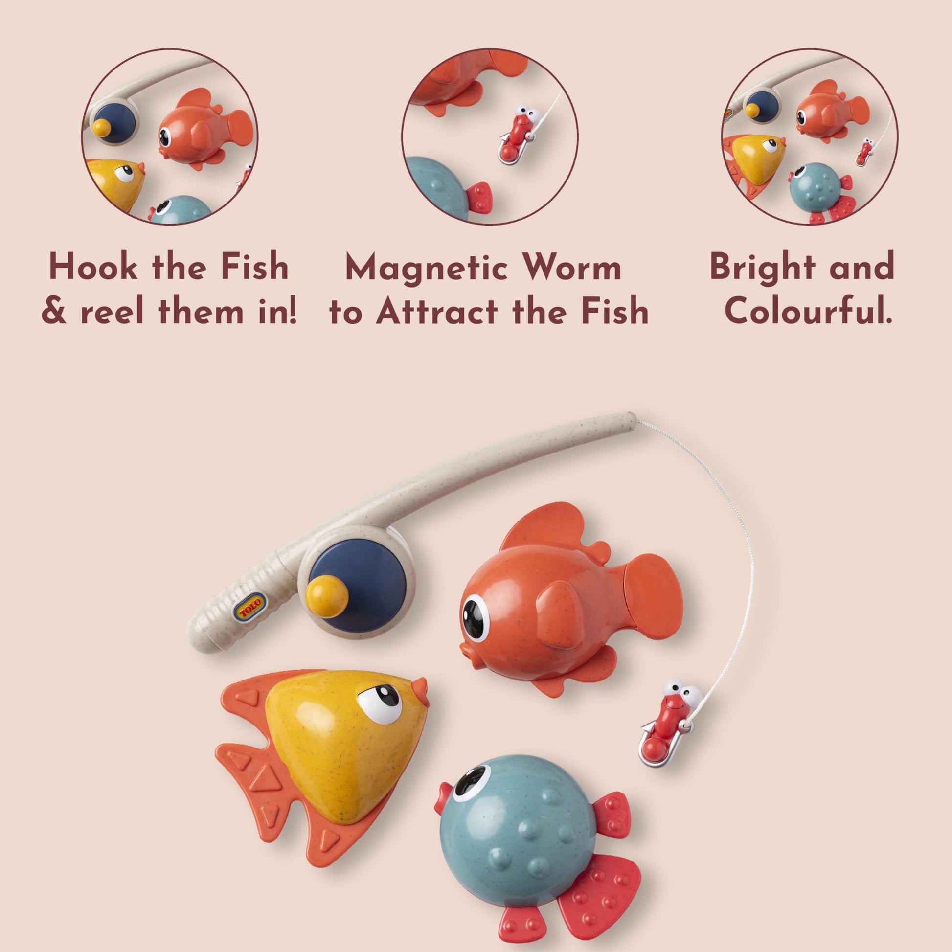 Tolo Bio Funtime Fishing Set | Eco-Friendly Bath Toy for Toddlers | Magnetic Fishing Rod, 3 Bubble-Blowing Fish, Worm | Skill-Building Water Play |