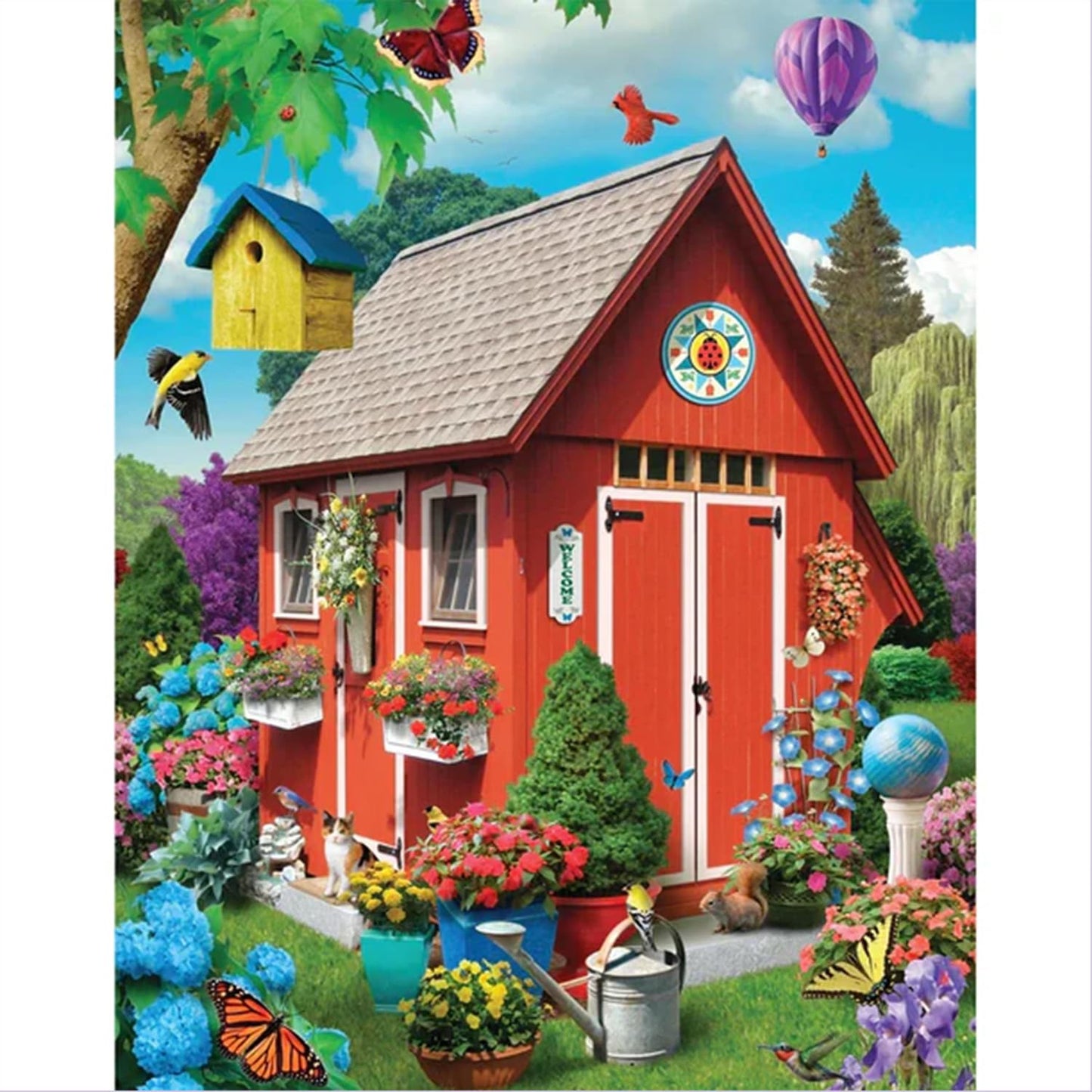 Bits and Pieces 100 Piece Puzzles for Adults - The Red Shed - 100 Extra Large Pieces 15" x 19" Jigsaw Puzzles, Red Barn Flowers Birds, No 2 Pieces