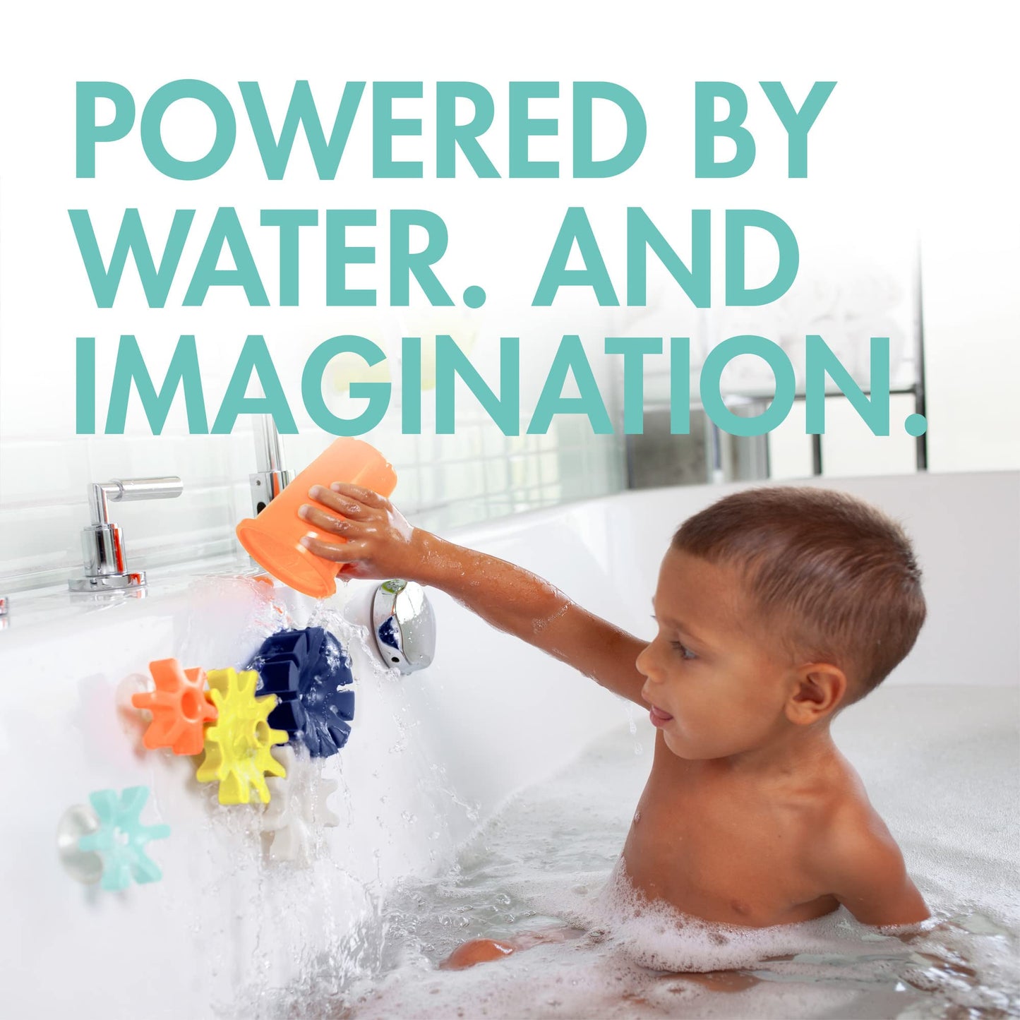 Boon Cogs Baby Bath Toys - Spinning Gear Themed Sensory Baby Toys for Bathtub - Suction Toys for Bathtub Walls - Navy and Yellow - 5 Count - Ages 12