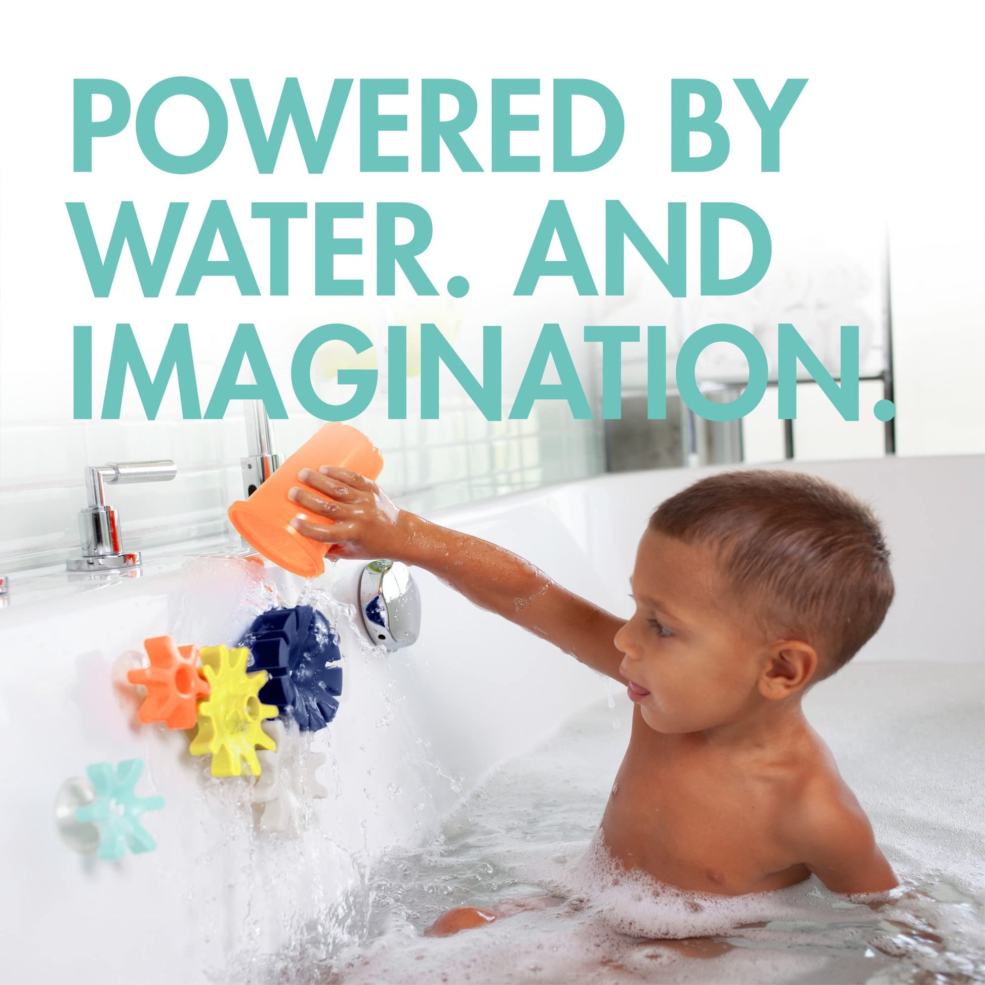 Boon Cogs Baby Bath Toys - Spinning Gear Themed Sensory Baby Toys for Bathtub - Suction Toys for Bathtub Walls - Navy and Yellow - 5 Count - Ages 12