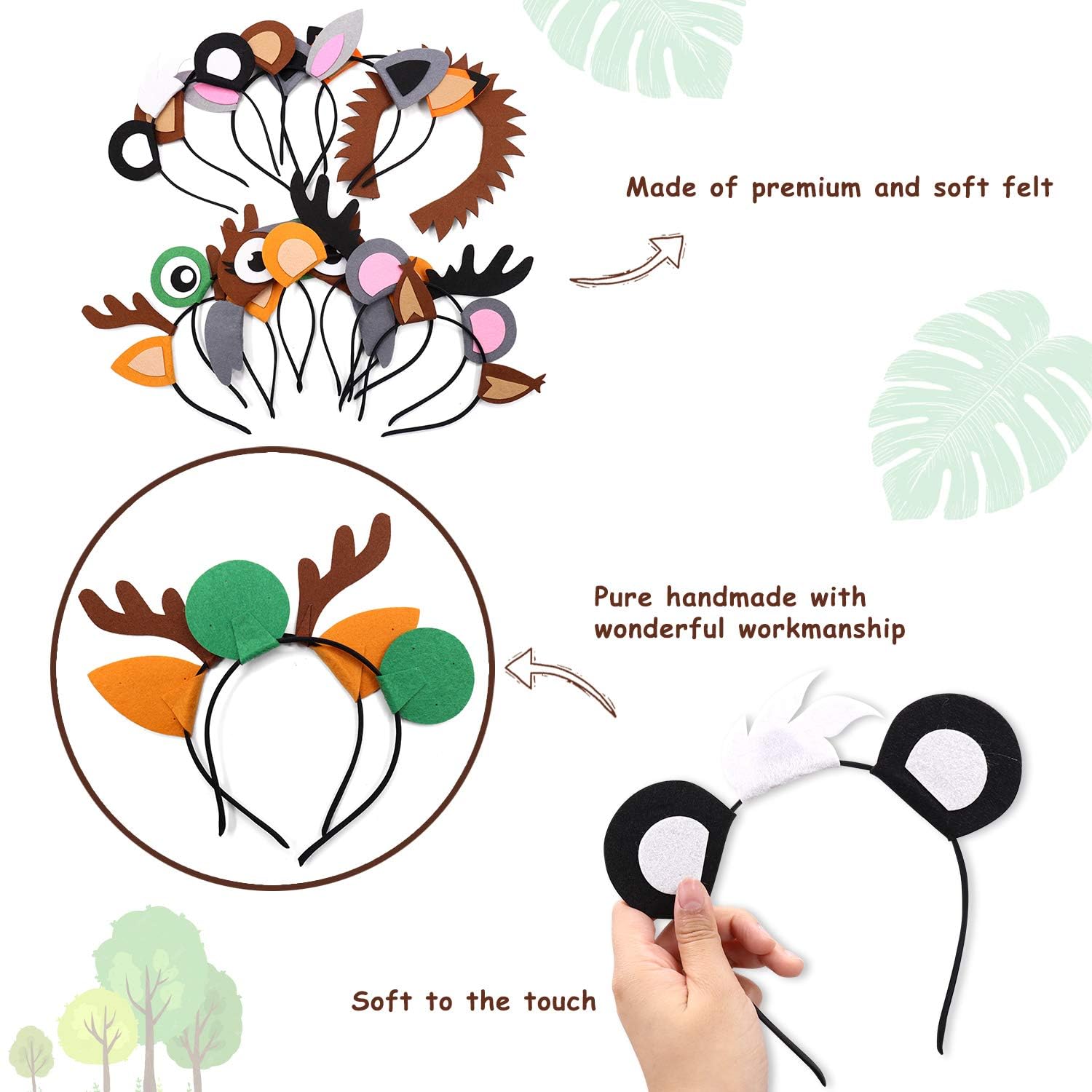 13PCS Woodland Animal Headbands Forest Friend Wild One Camping Theme Felt Ears Headbands For Woodland Creature Theme Baby Shower Birthday Party Favors