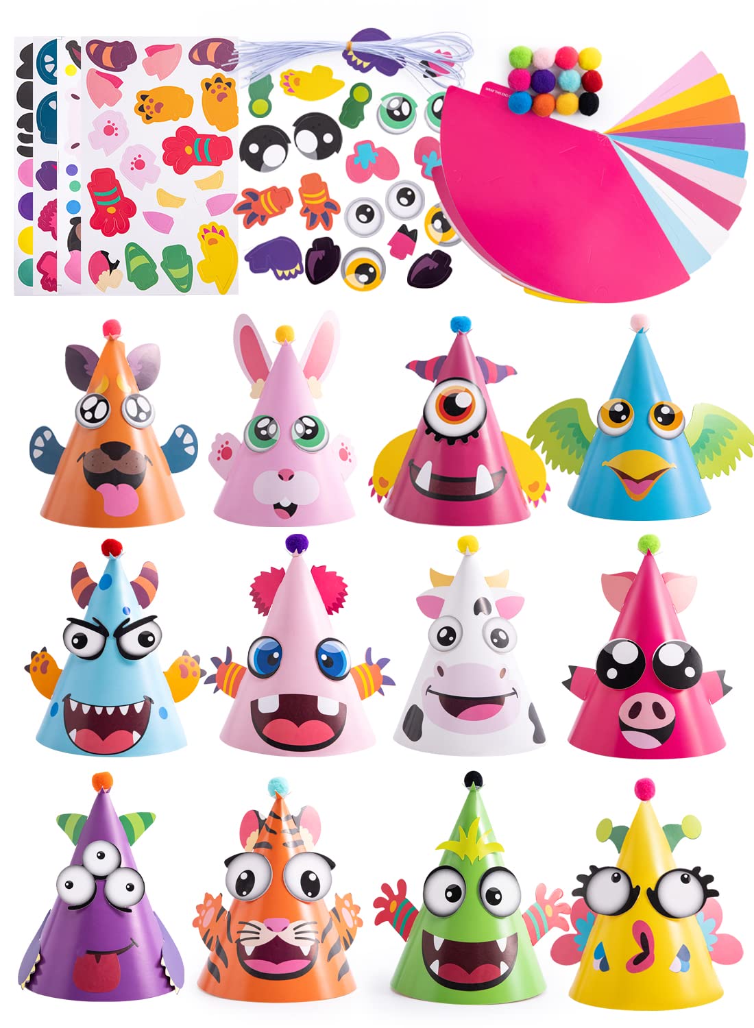 JOYIN 12 Sets Party Hats for Kids Birthday Party Games Craft Activities, Cute Animal Theme Birthday Hats Activity Kits with Stickers for Kids Holiday