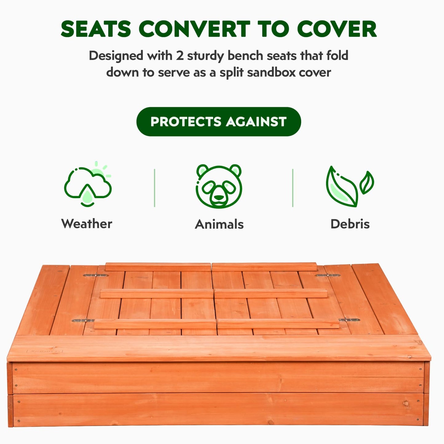 Wooden Outdoor Sandbox with Cover,Sand Box with Foldable Storage Bench Seats and Sand Protection,Kids Play Equipment for Outdoor(47X47Inch
