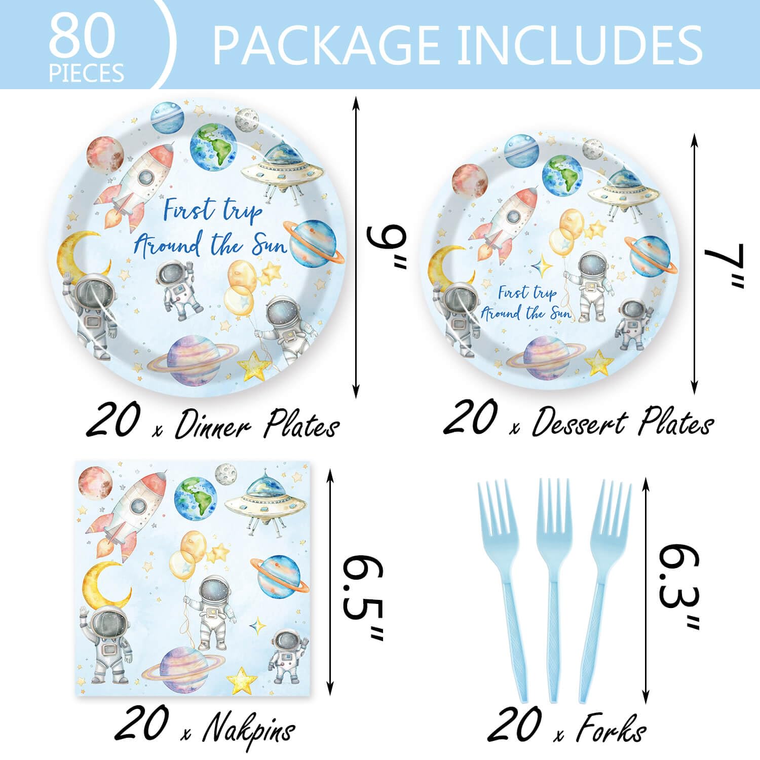 80 Pcs Space 1st Birthday Party Supplies, First Trip Around The Sun Plates Napkins Forks Tableware Kit for Outer Space Galaxy Astronaut Theme Baby