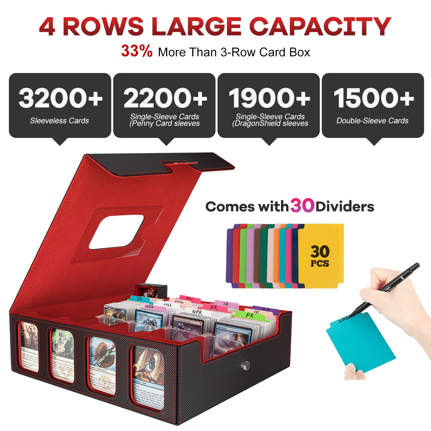Gomyrod Card Storage Box 3200+ MTG Deck Box with 30 Colorful Divider, 4 Row Commander Trading Card Cases with Portable Handle & Display Windows, Fits