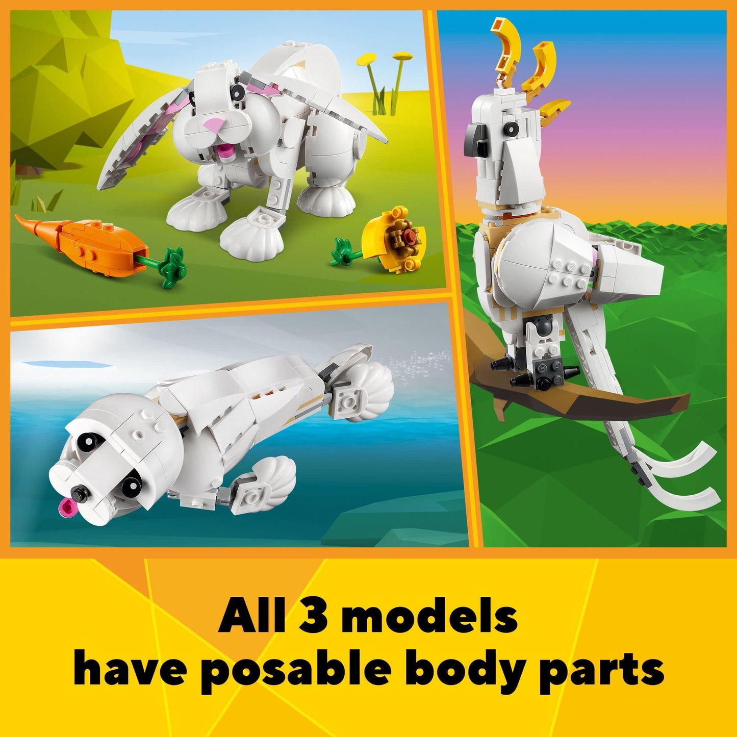 LEGO Creator 3 in 1 White Rabbit Animal Toy Building Set, STEM Toy for Kids 8+, Transforms from Bunny to Seal to Parrot Figures, Creative Play