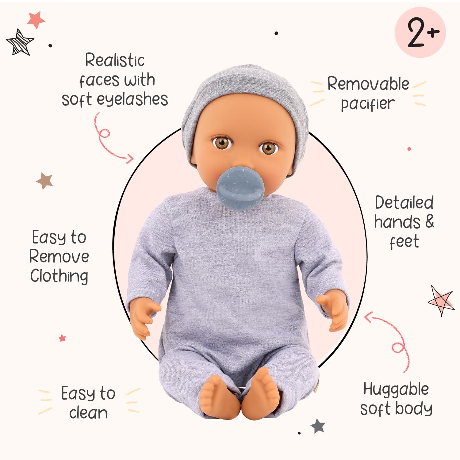LullaBaby - 14-Inch Realistic Baby Doll - Hazel Eyes & Soft Body - Romper & Pacifier - Jumpsuit & Hat - Pretend Play - Baby Boy Doll- Ages 2+