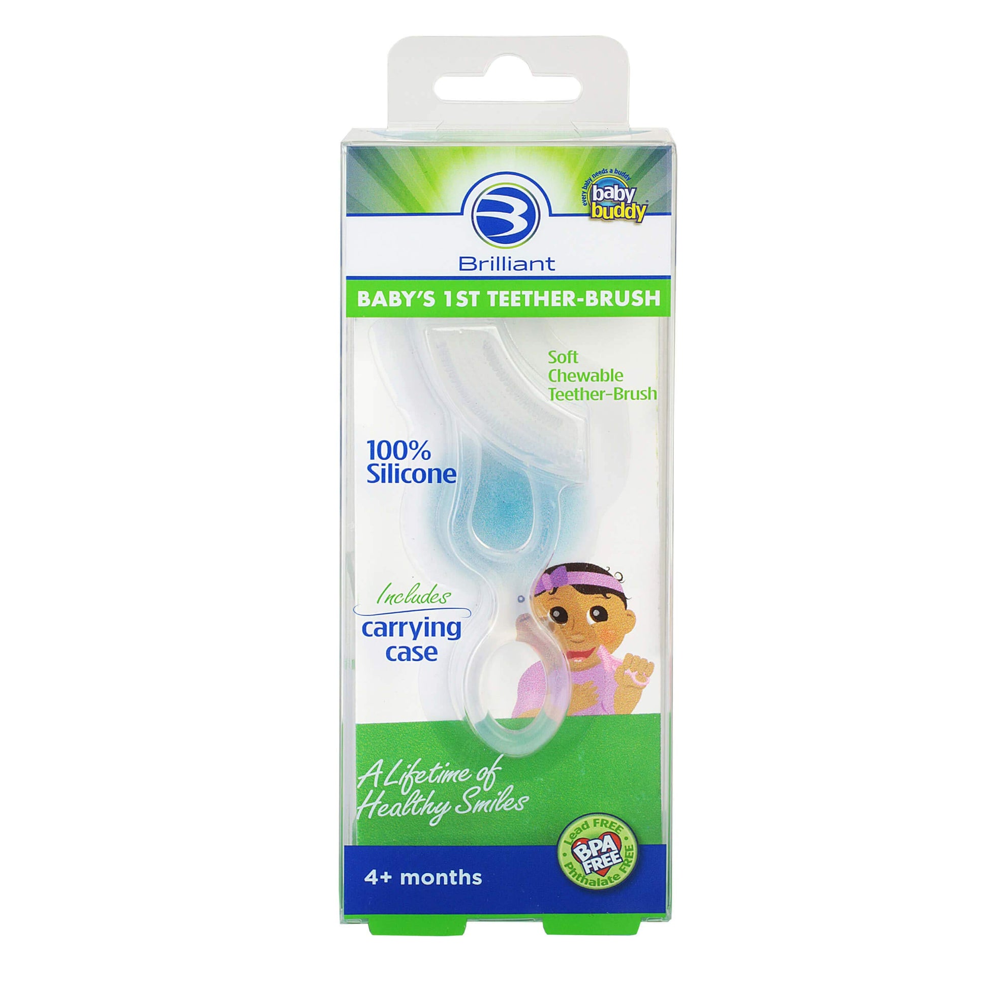 Brilliant Oral Care Baby’s First Toothbrush, Smooth Silicone Bristles Gently Clean Tender Teeth and Gums, with Storage Case, for Ages 4+ Months