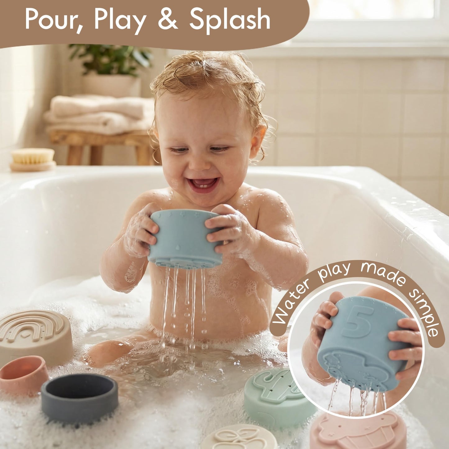 Moonkie Stacking Cups Toy, Fun Educational Baby Toys Silicone Soft Teething Toy, Age 6+ Months, 7 Piece Set