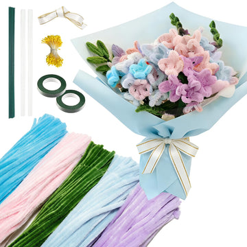 500 Pcs Pipe Cleaners Craft, 5 Assorted Colors Pipe Cleaners Bulk Flower Kit, Chenille Stems for DIY Flower Making Kit with Floral Wires, Gardening