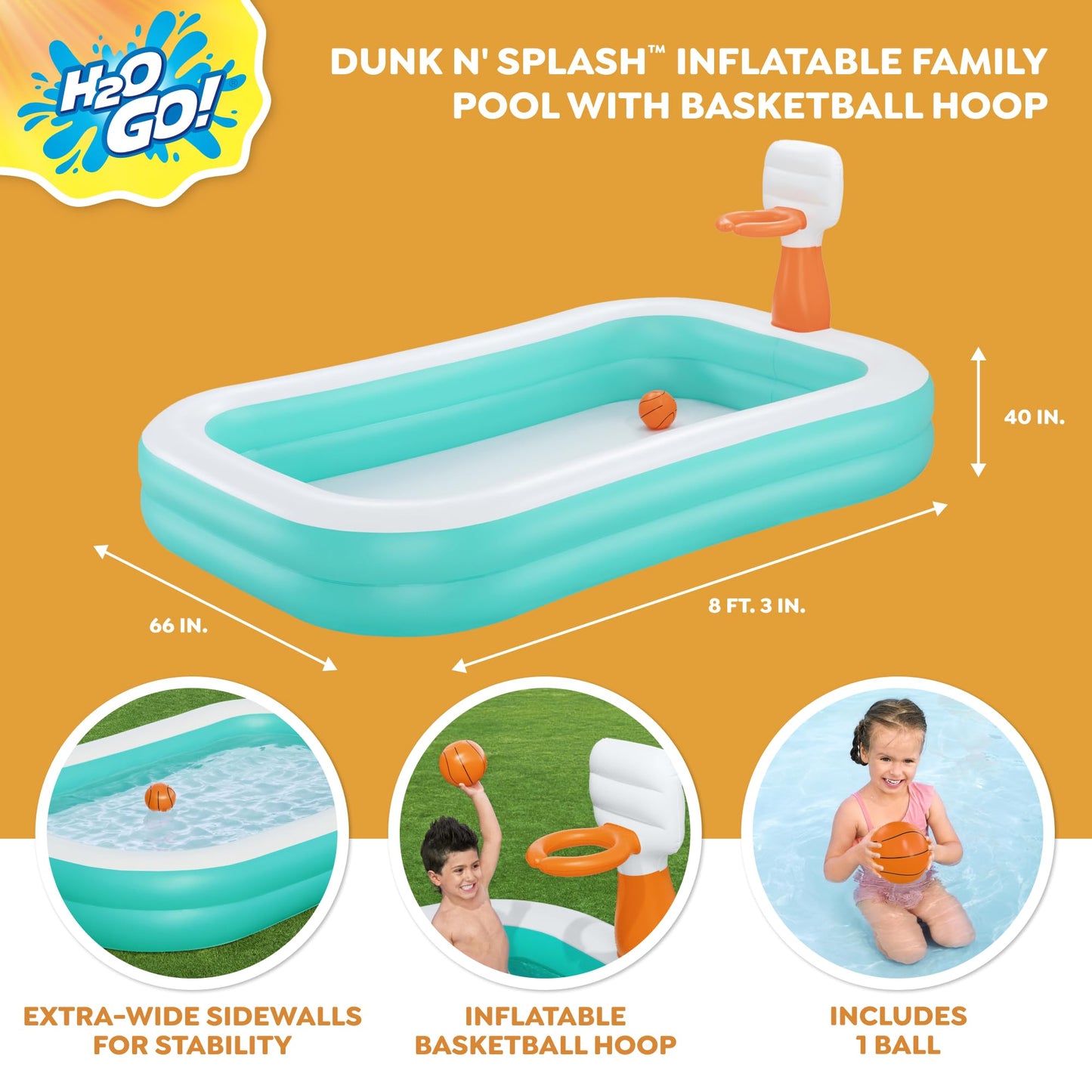 H2OGO! Inflatable Family Kiddie Pool, Dunk'n Splash 8'3" x 66" x 40" Outdoor Inflatable Swimming Pool with Basketball Hoop for Kids
