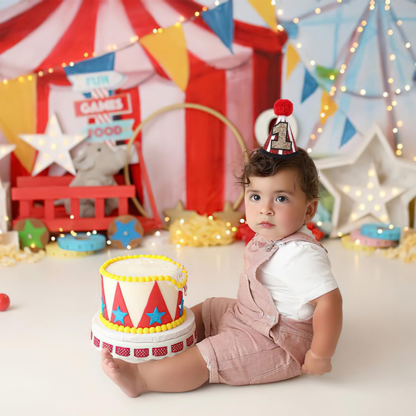 YOUAME Circus 1st Birthday Party Hat - Red Glitter Crown Outfit for Boys and Girls, Fun Carnival Themed Party Decor