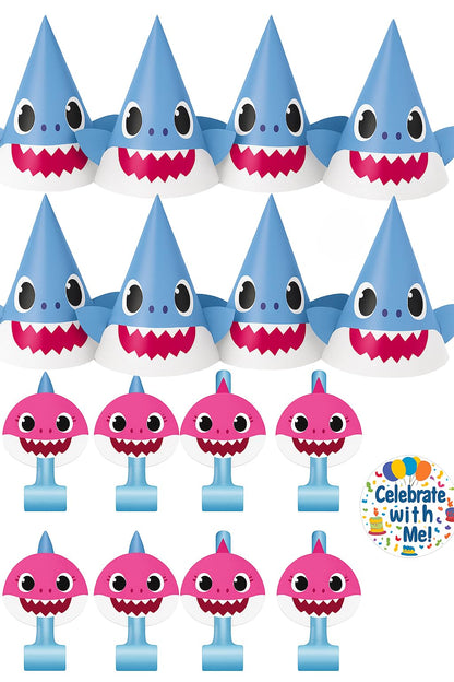 Unique Baby Shark - Party Hats, Blowouts & Sticker Bundle | Officially Licensed | 8 Hats, 8 Blowouts & 1 Sticker Sheet | Birthday Party Supplies Set |