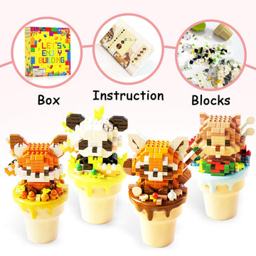 4 Packs Micro Cute Animals Building Set with Ice Cream Cup Base - Panda, Hamster, Raccoon, Fox, Creative Buidling Blocks Party Favors for Goodie Bags