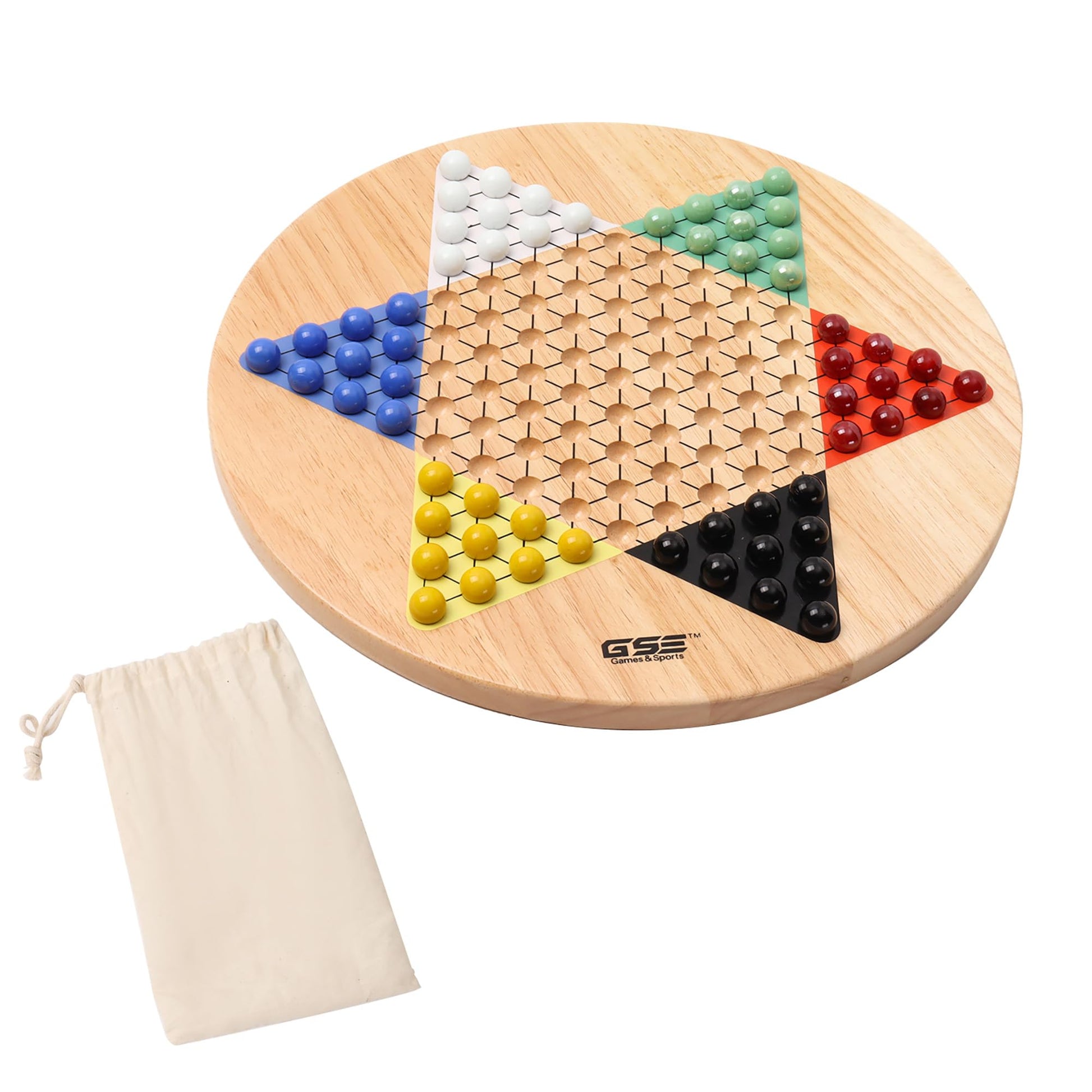 GSE Games & Sports Expert 15" Jumbo Oak Wood Chinese Checkers Board Game Set with Colorful Glass Marbles, Classic Strategy Family Board Game