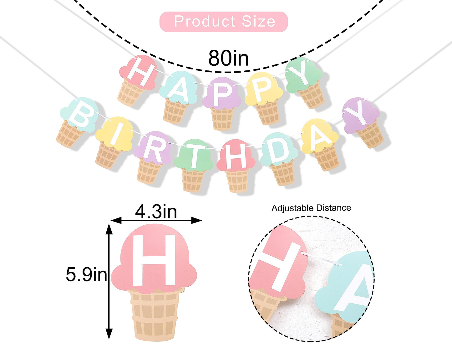 Ice Cream Happy Birthday Banner - Ice Cream Birthday Party Decoration,Summer Birthday Banner,Ice Cream 1st Birthday Banner,Ice Cream First Photo Props