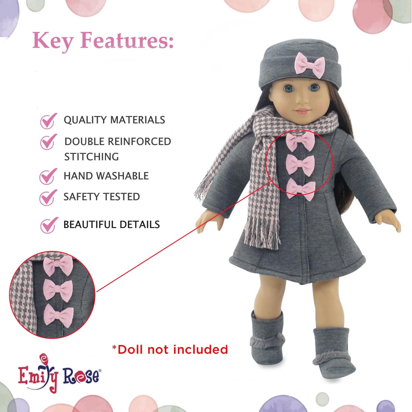 Emily Rose 18-inch Doll Clothes Grey and Pink 4 PC Winter Coat Outdoor Outfit, Includes Matching Hat, Boots and Scarf | Compatible with 18" American