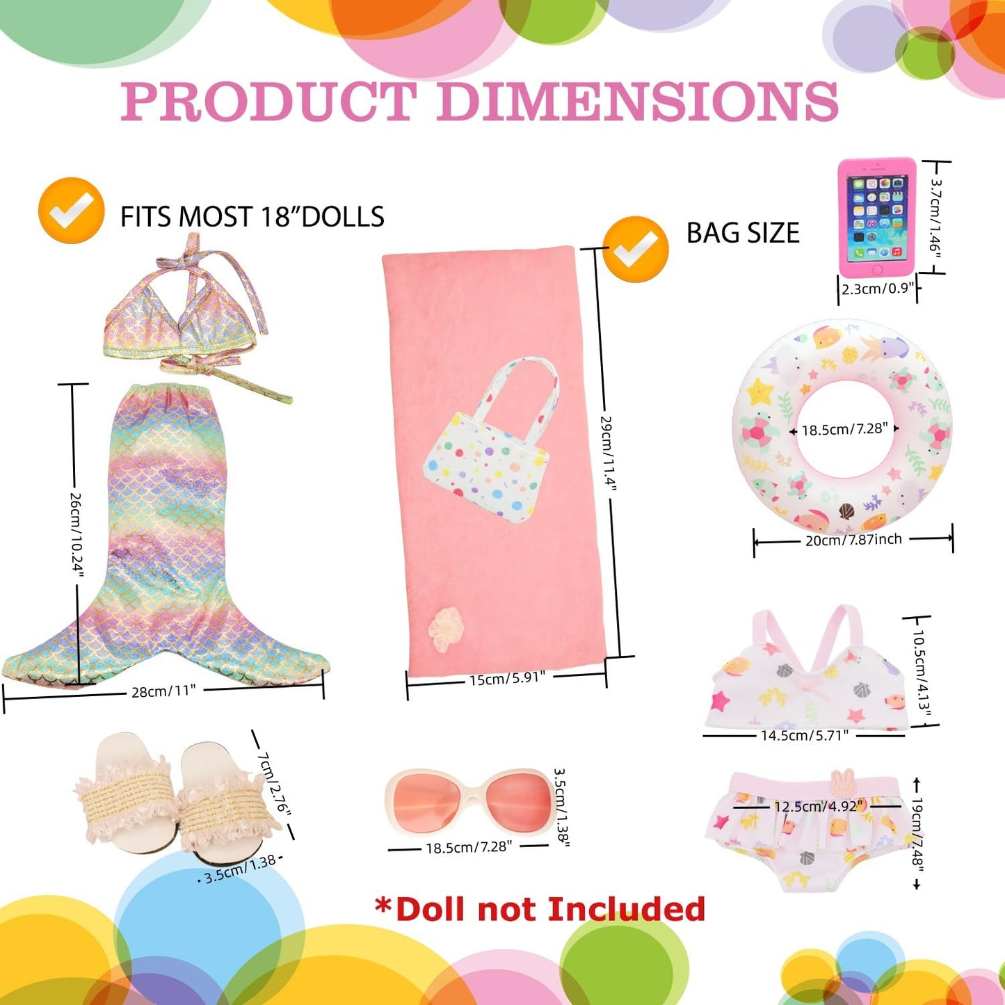 11 Pieces 18 Inch American Doll Bathing Suit Swimsuit with Accessories, Fashion 18 inch Doll Summer Outfits Including Mermaid Outfits,Swimming