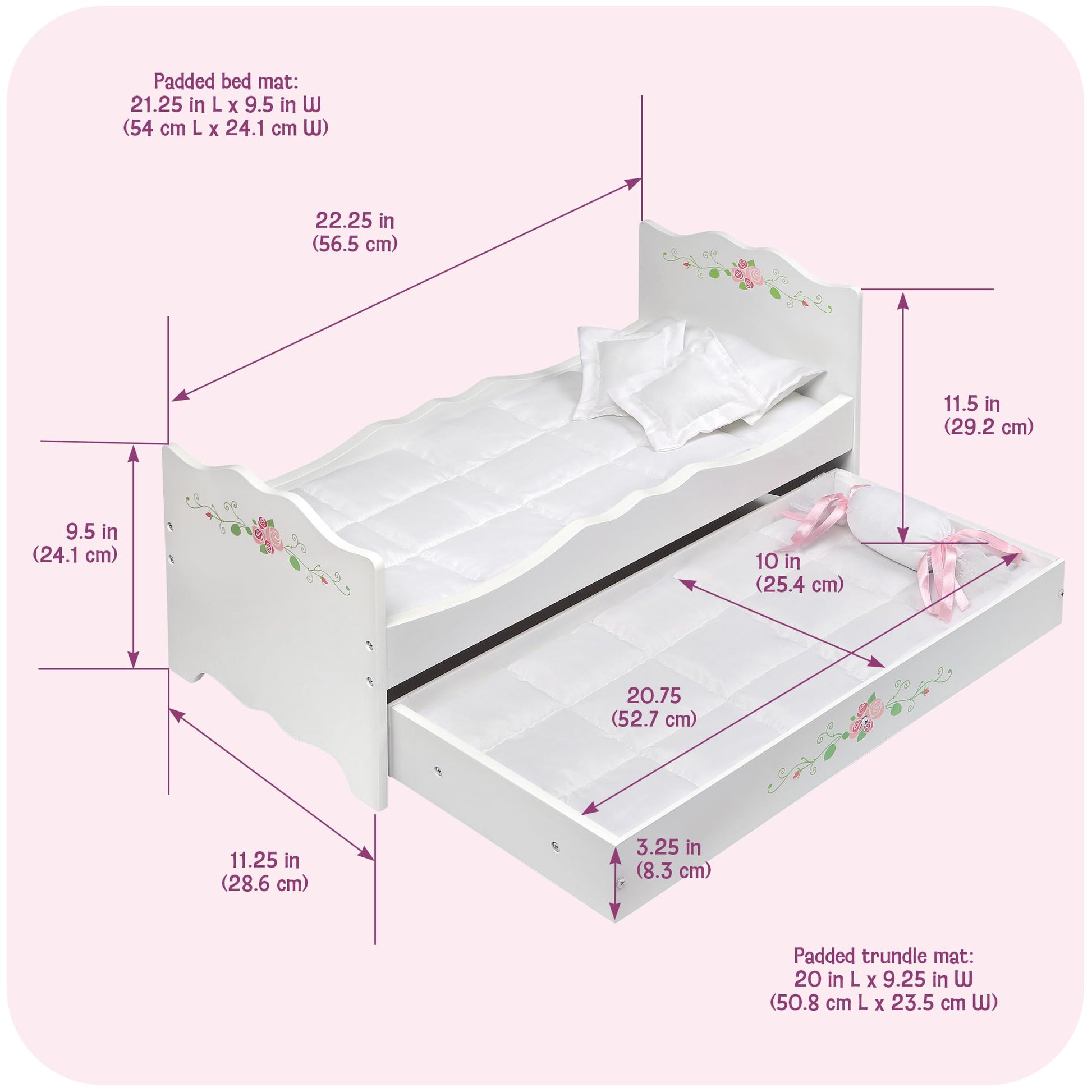 Badger Basket Doll Bed with Trundle and Bedding - Elegant White and Rose Bed for 18 to 20-Inch Dolls with Deluxe Mats and Pillows