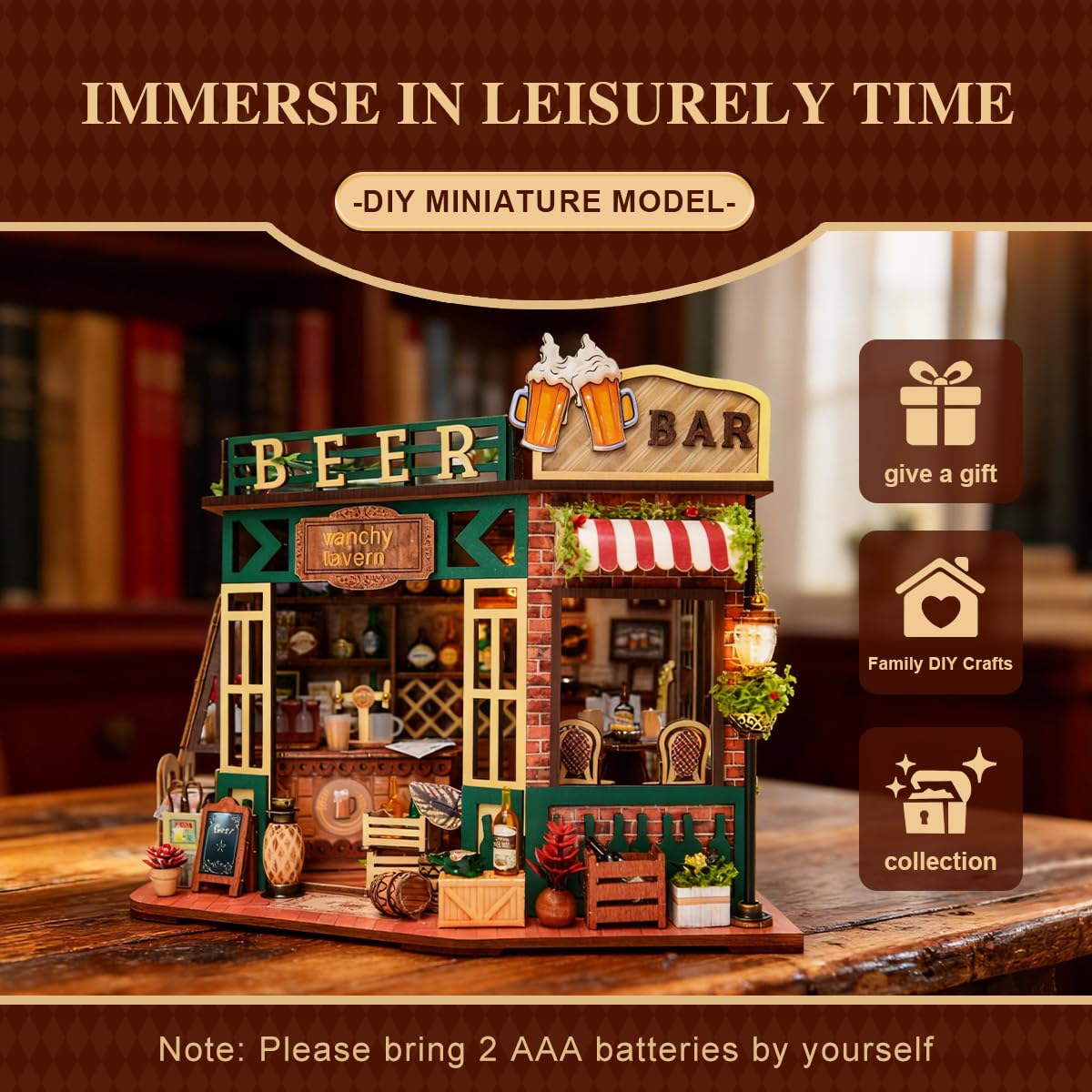 DIY Wooden Miniature House & Book Nook Kits, Bistro Modern Styles Doll House with LED Lights, Furniture, Beginner-Friendly for Adults & Teens,