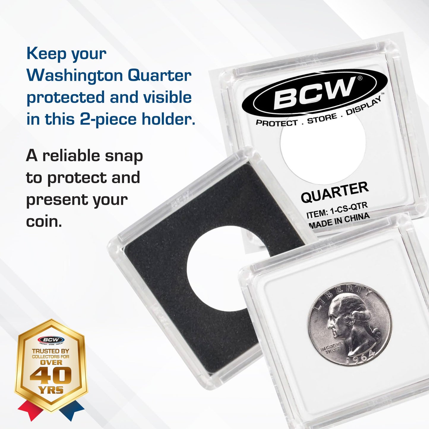 BCW 2x2 Snap Holder - 25 ct Quarter Case | Archival Safe Protector | Crystal Clear Polystyrene Display Box | Ideal for US Washington Quarters |