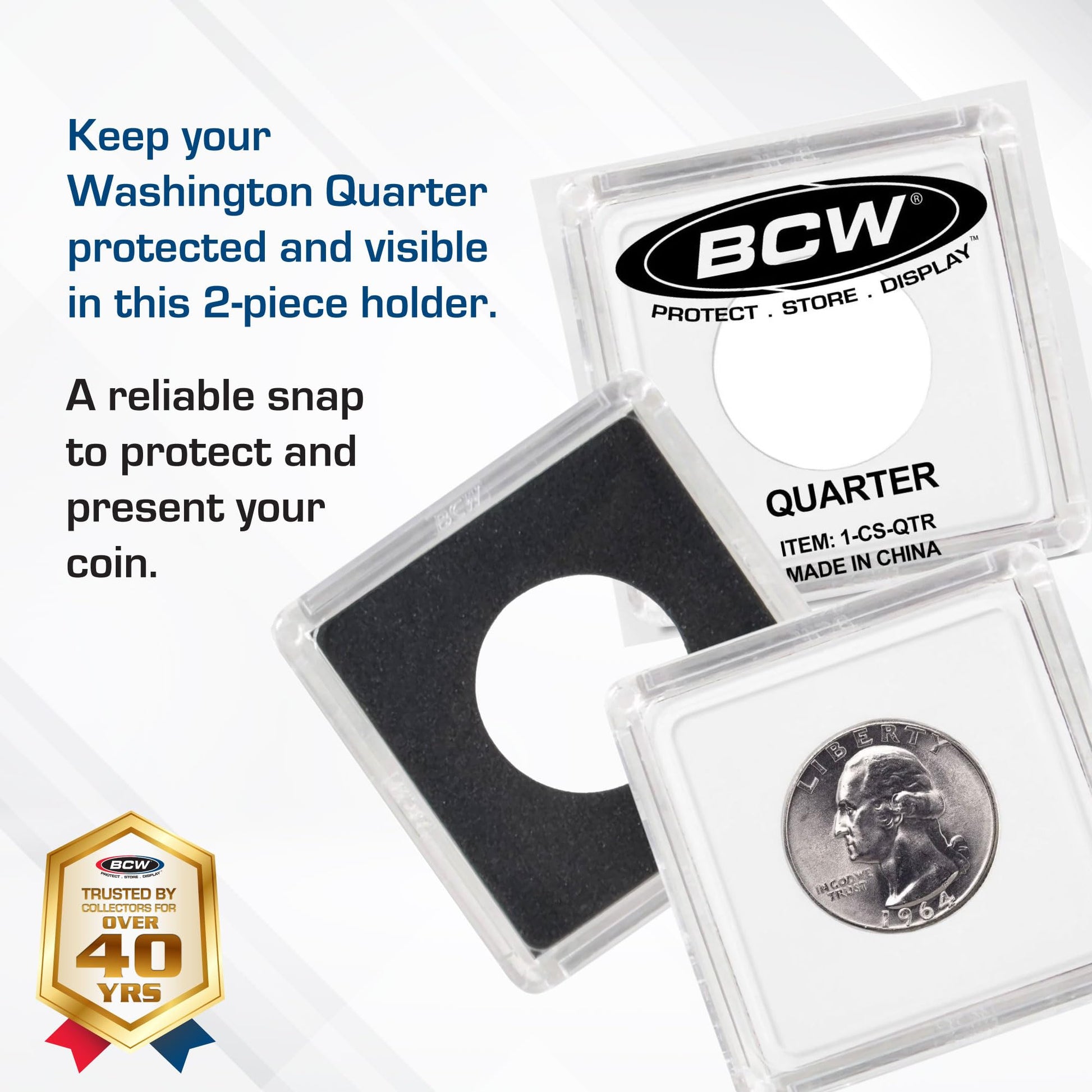 BCW 2x2 Snap Holder - 25 ct Quarter Case | Archival Safe Protector | Crystal Clear Polystyrene Display Box | Ideal for US Washington Quarters |