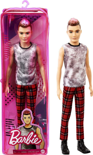 Barbie Ken Fashionistas Doll #176 with Sculpted Brunette Ombre-Tipped Hair Wearing a Sleeveless Tie-dye Shirt, Red Plaid Pants & Black Boots, Toy for