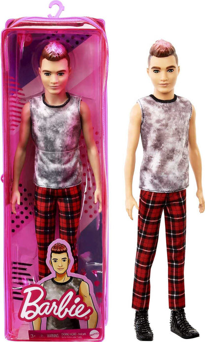 Barbie Ken Fashionistas Doll #176 with Sculpted Brunette Ombre-Tipped Hair Wearing a Sleeveless Tie-dye Shirt, Red Plaid Pants & Black Boots, Toy for