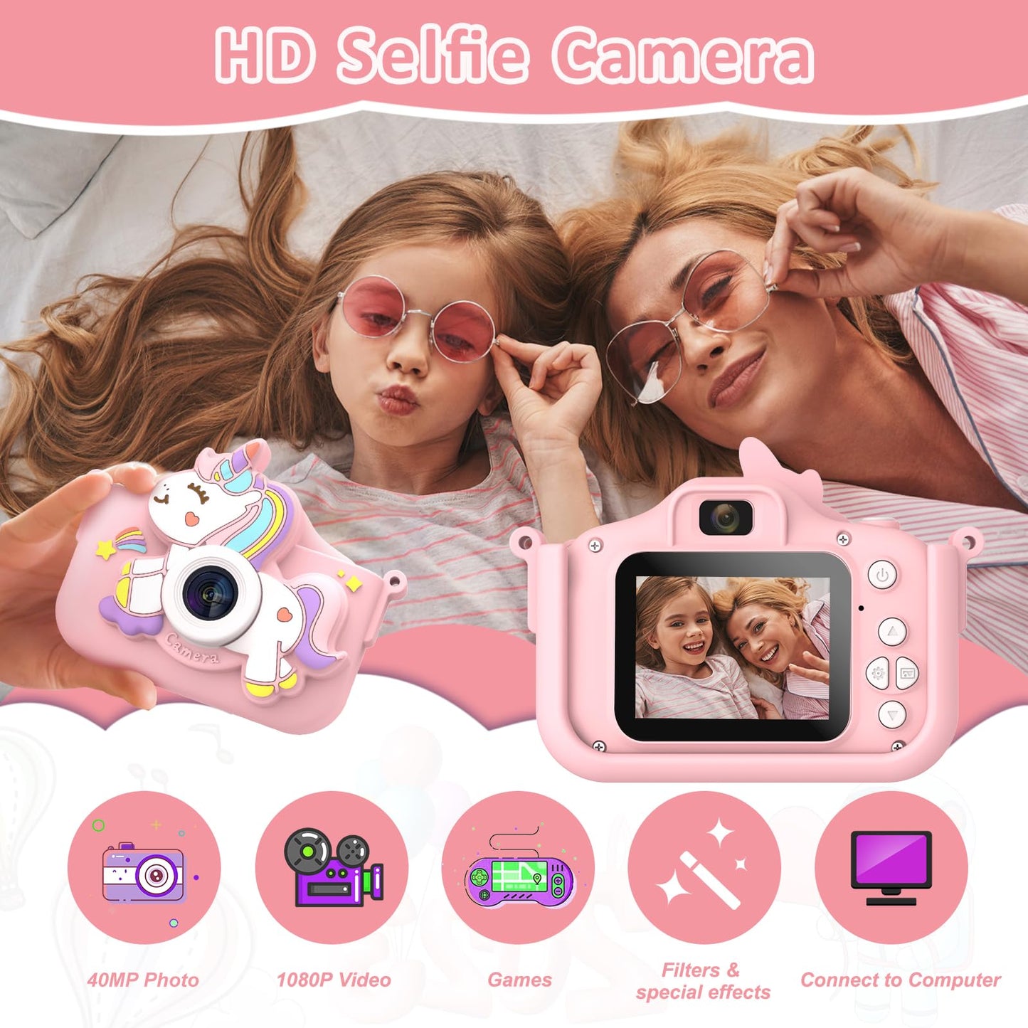 Kids Camera for Girls, HD Selfie Toddler Camera, Christmas Birthday Toys for Girls Age 3-12 Years, Kid Digital Camera with 32GB Card, Cute Princess