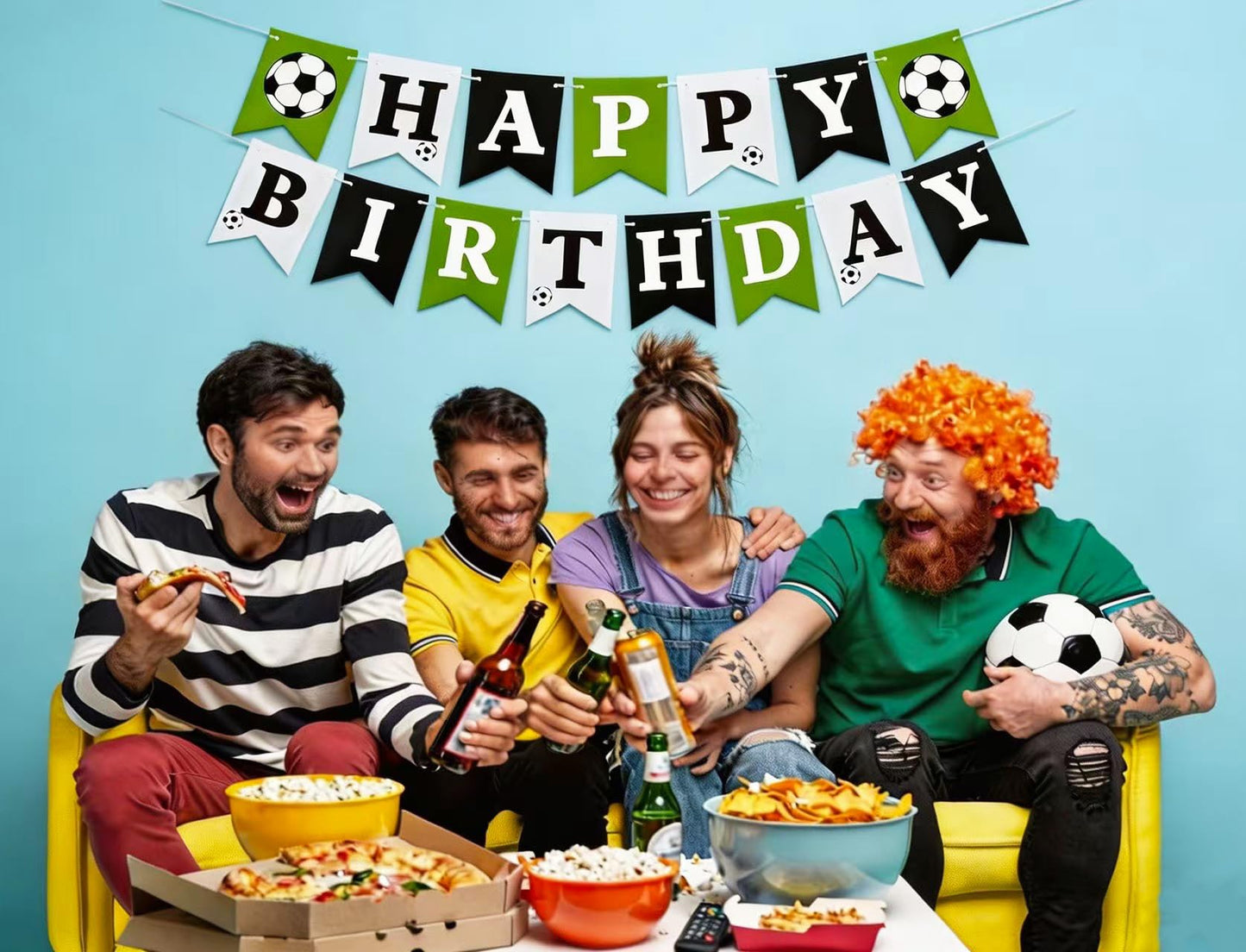 Soccer Happy Birthday Banner, Green Black White Soccer Birthday Party Decorations for Boys Girls Men Women Fans Party Supplies
