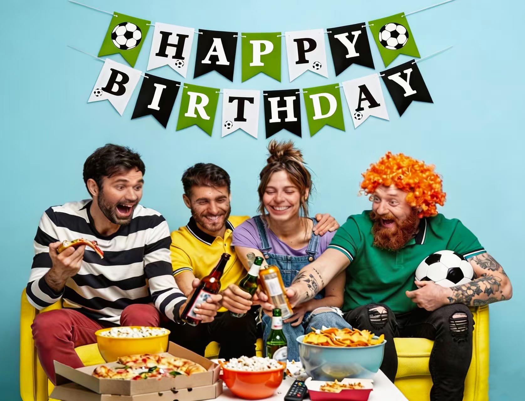 Soccer Happy Birthday Banner, Green Black White Soccer Birthday Party Decorations for Boys Girls Men Women Fans Party Supplies