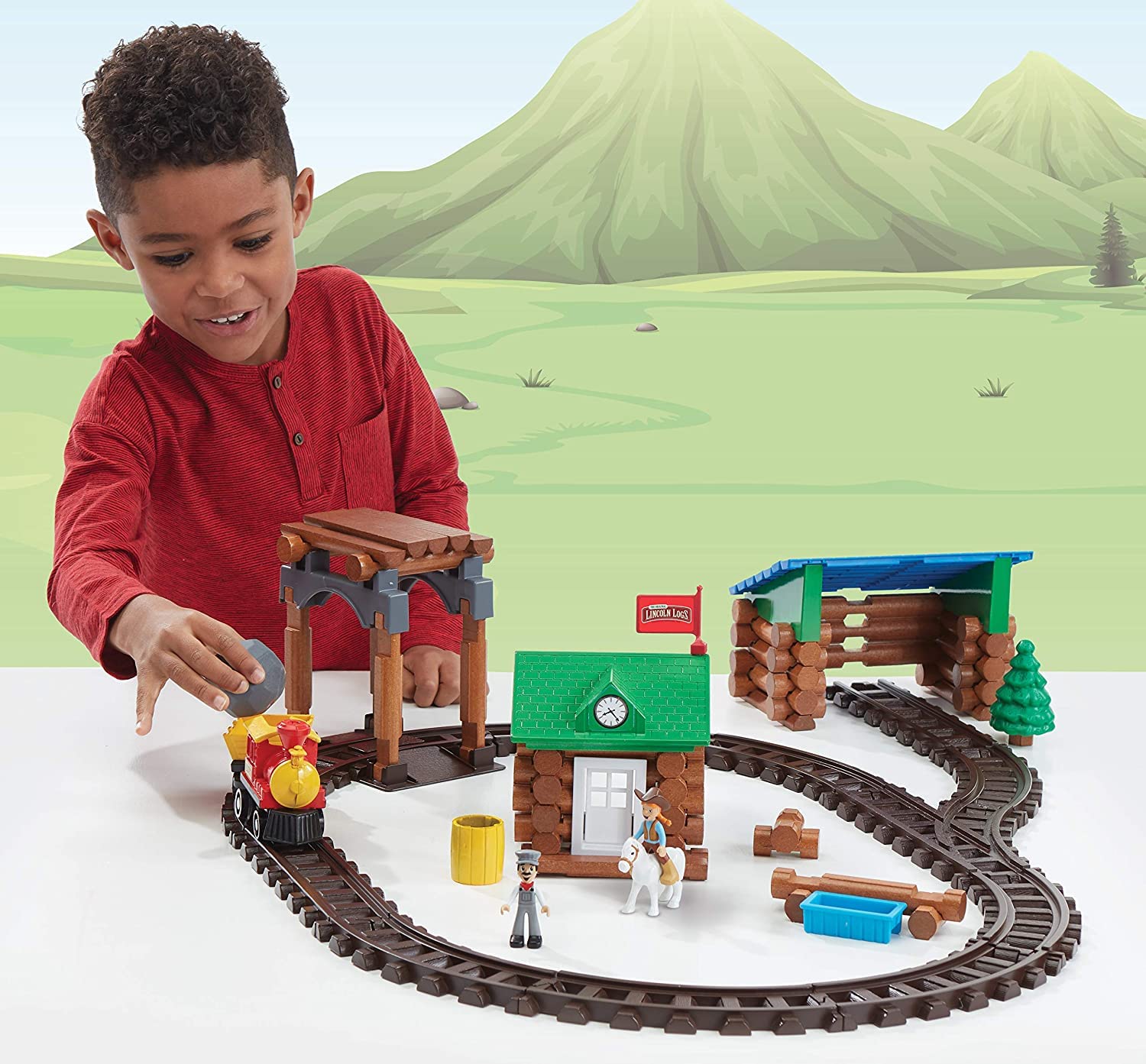 LINCOLN LOGS-Sawmill Express Train - 101 Parts - Real Wood Logs - Buildable Train Track-Ages 3+ - Best Retro Building Gift Set for Boys/Girls-Creative
