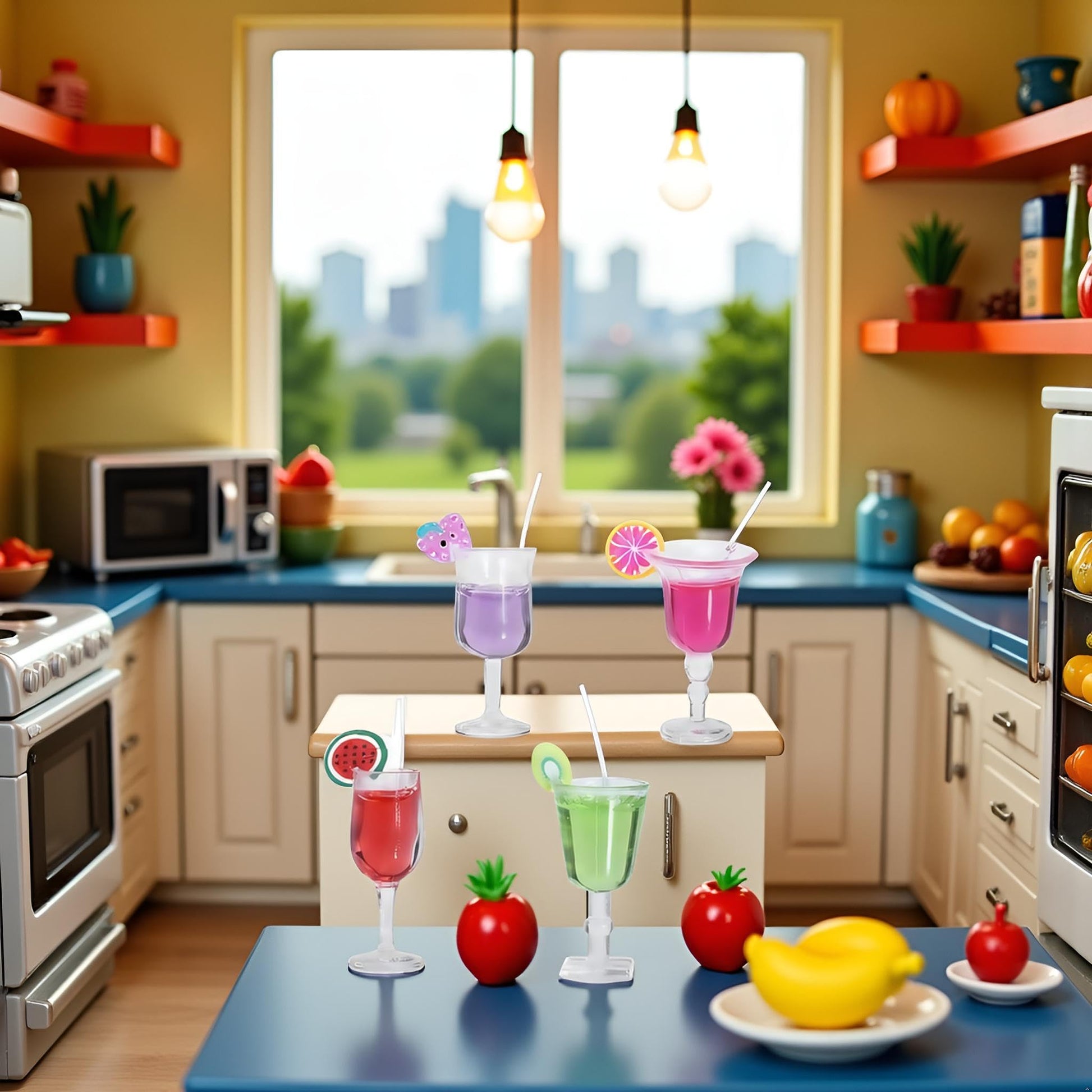 4 Pcs Miniature Dollhouse Juice and Wine Bottle Set - Resin Cocktail Cups, Simulated Drink Models for Dollhouse Kitchen Decor, Mini Props for DIY