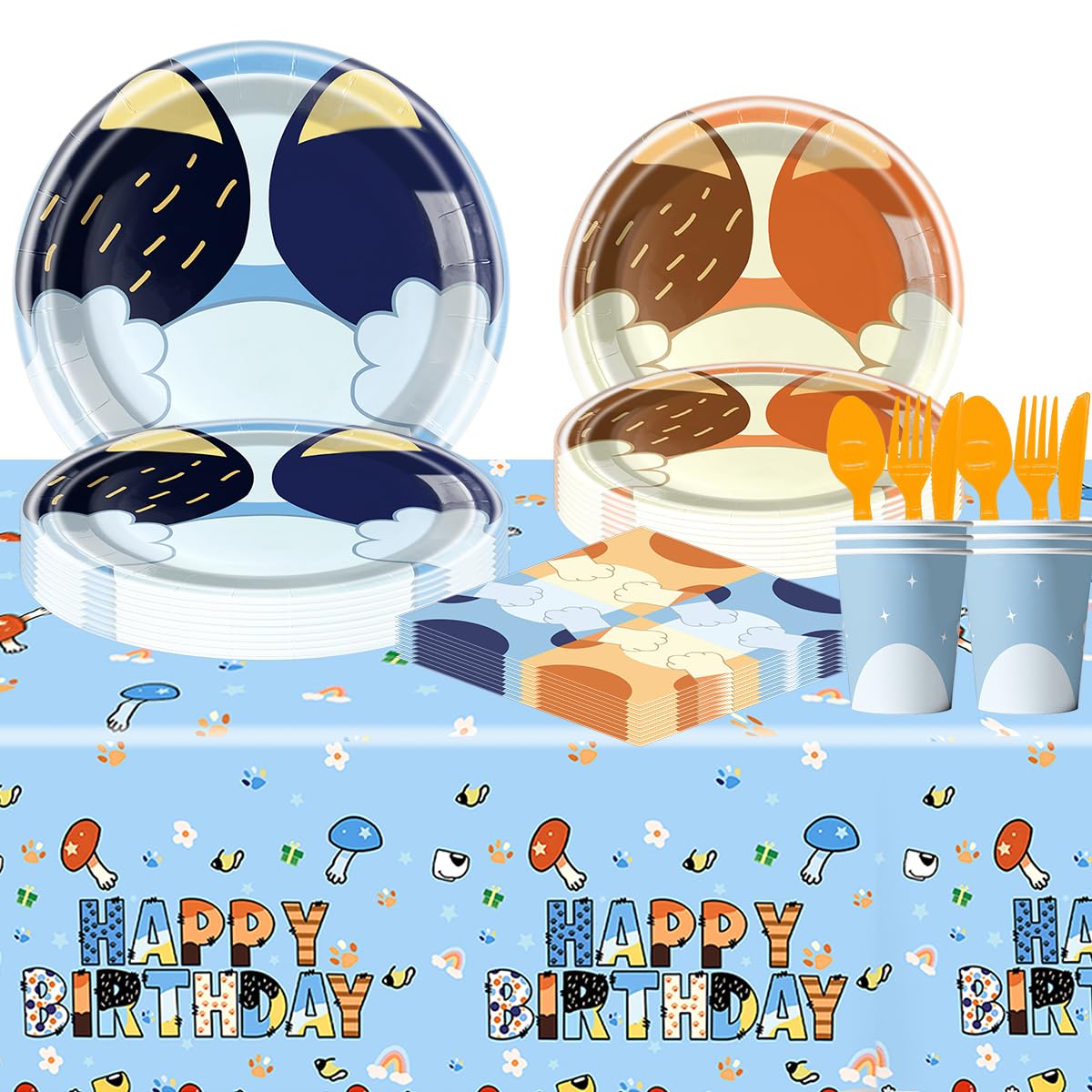 81Pcs Blue Dog Birthday Party Tableware Set Cute Dog Party Decoration Blue Cartoon Birthday Party Supplies