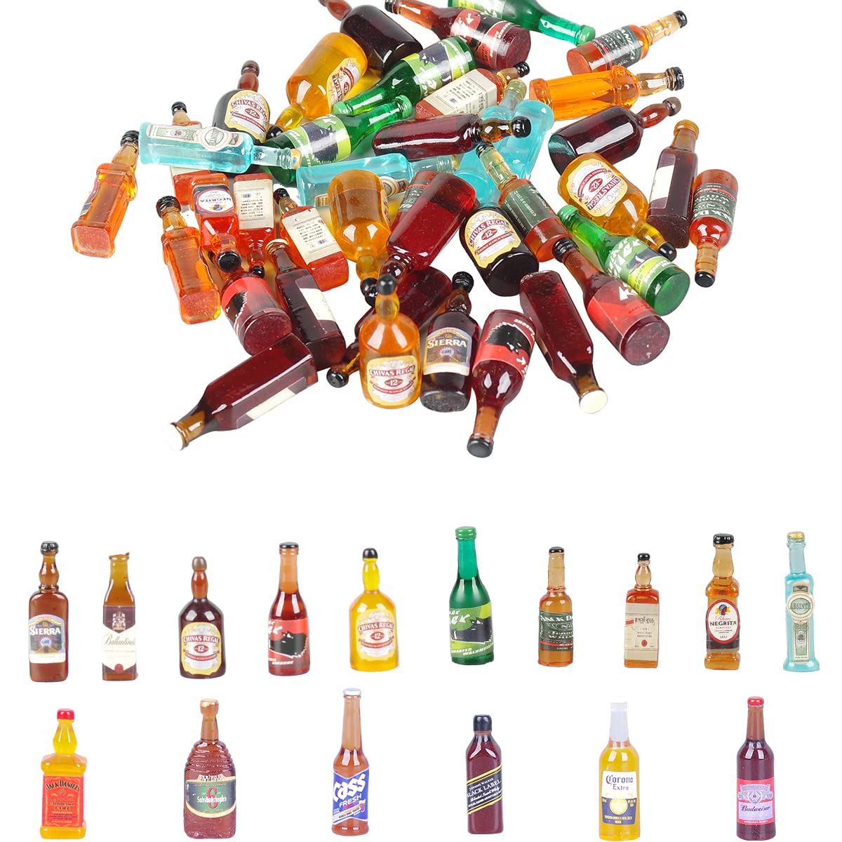 40pcs Miniature Mini Fake Beer Bottles Toys, Mixed Wine Drinks Decoration Beer Glass Model, Beer Can Beer Bottle Models for Fairy Garden Pub Bar Dolls