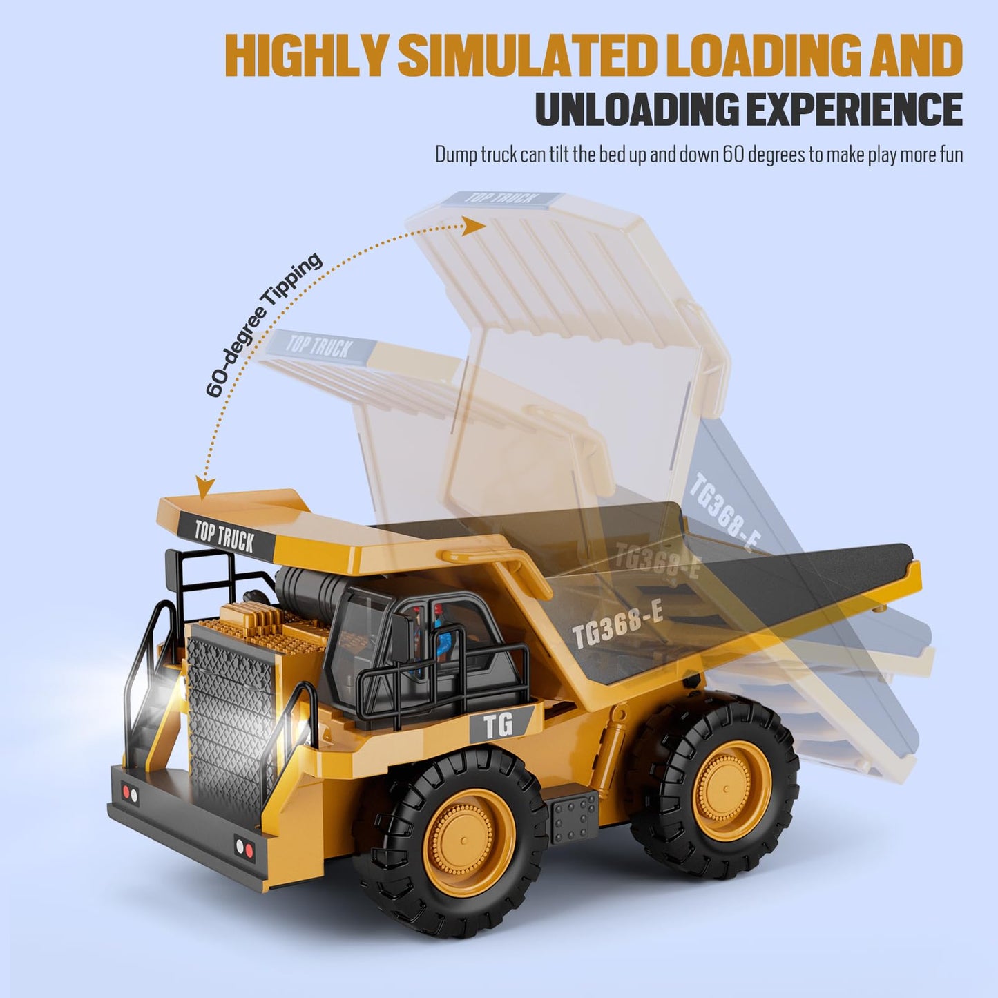 KIDMARKT RC Dump Truck Toy for Kids | 9-Channel Metal Construction Vehicle with Working Bed, Lights & Sounds, Rechargeable Remote Control Truck