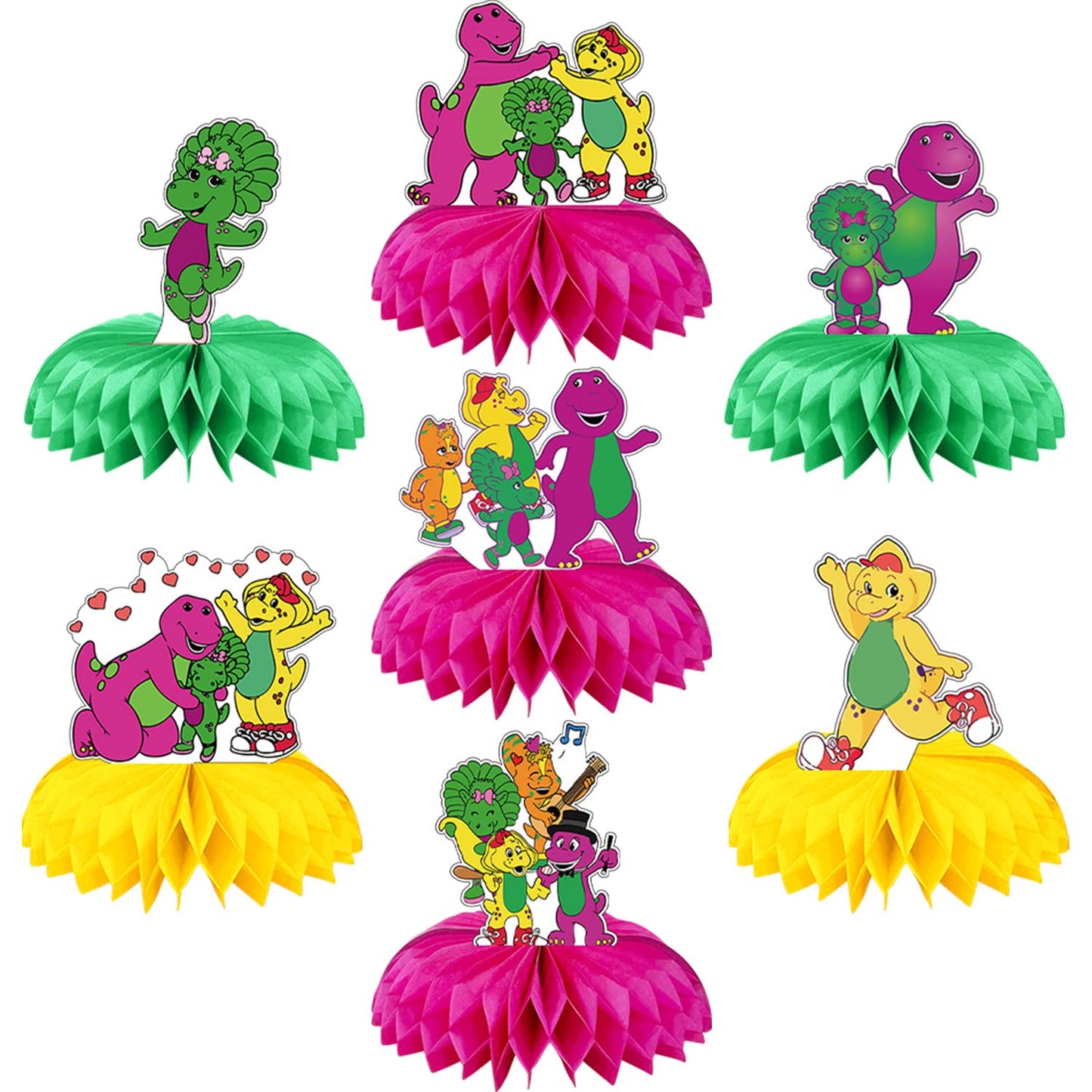 Barney Party Decorations Honeycomb Centerpiece, 7 Pieces Barney Purple Dinosaur Theme 3D Double Side Cake Toppers Table Centerpieces, Barney Photo