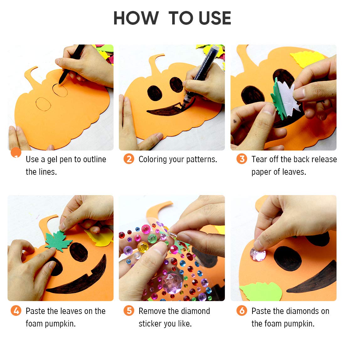 Hifunwu 30Pcs Halloween Foam Pumpkin Craft Kit Decorations with Foam Fall Maple Leaves Rhinestone Stickers for Halloween Thanksgiving Art Crafts