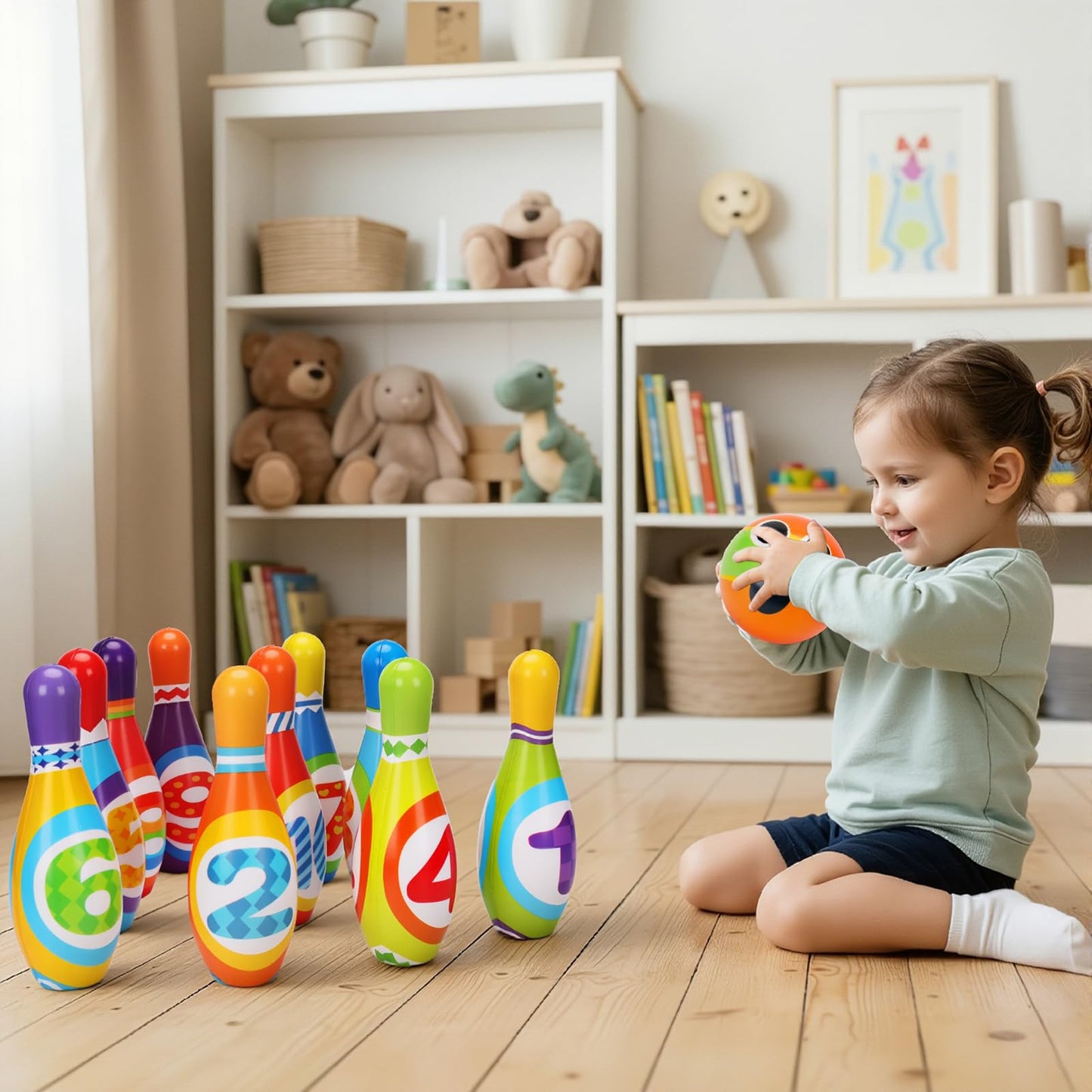 AugToy Kids Bowling Toy Set, Toddler Indoor Outdoor Activity Play Game Toys for Boy Girl, Soft 10 Foam Bowling Pins & 2 Balls, Educational Children