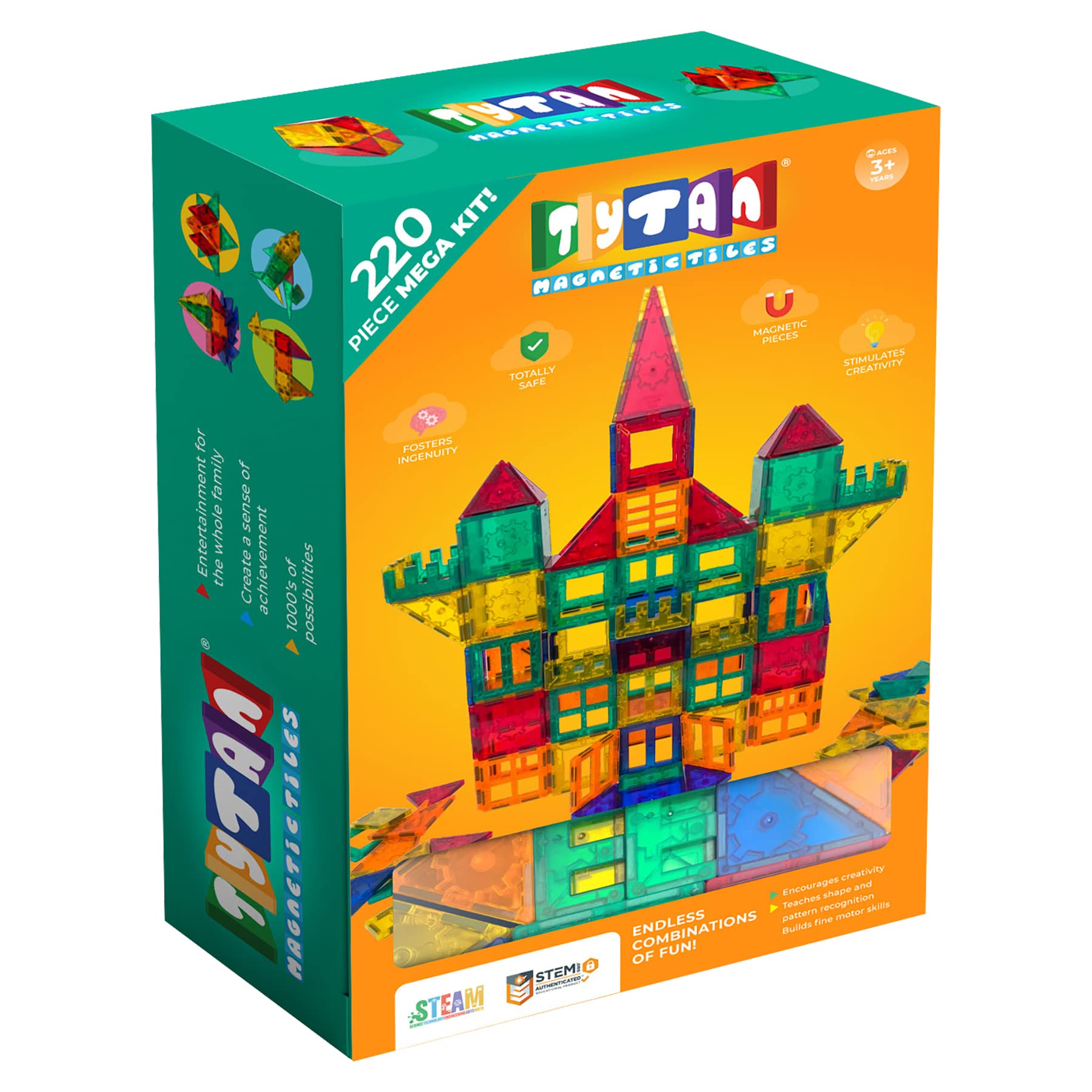 Tytan Tiles 220-Piece Supersized Magnetic Tiles Building Set, 1000s of Creations, Large 3D Castles, Massive Vehicles, & Rocket Ships, Kids’ STEM Toy