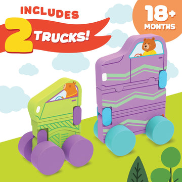 MindWare Konvertibles Transforming Wooden Trucks - 2?Piece Flip?&?Change Vehicle Set with Carry?Along Box that Becomes 3?D Road Scene, Toddler Toy