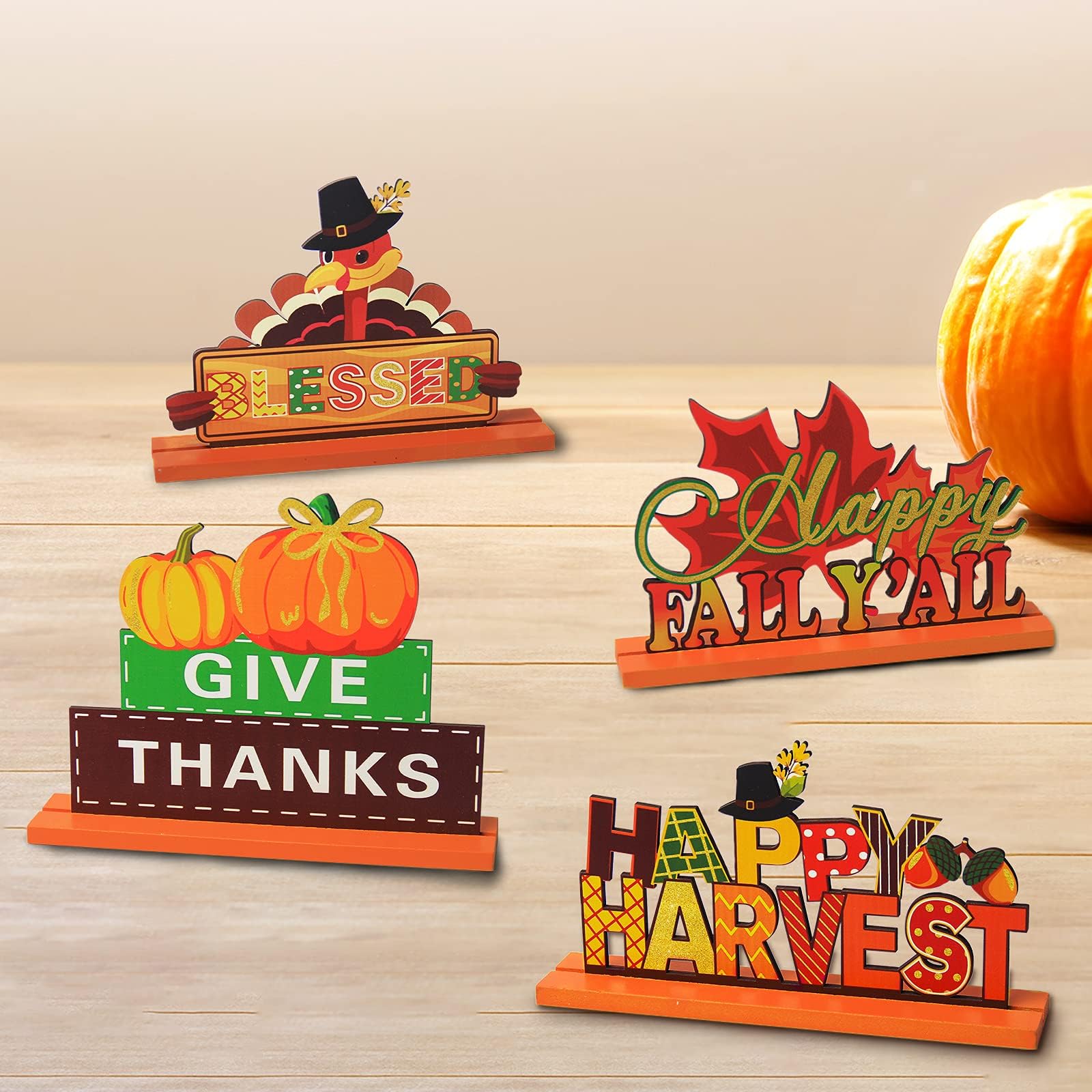 4 Pieces Thanksgiving Party Decorations Wooden Happy Fall Y'all Party Supplies Thanksgiving Centerpieces Autumn Table Decorations for Home Holiday