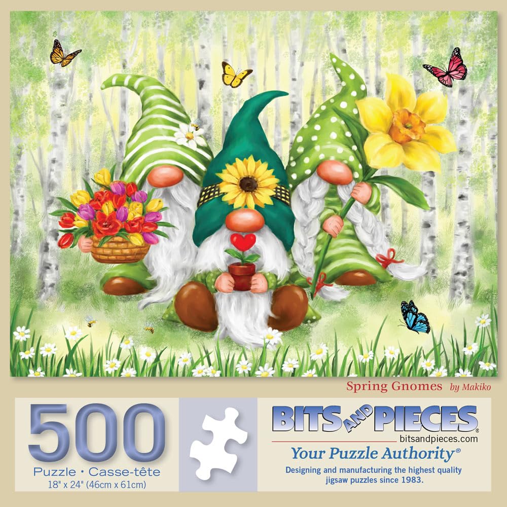 Bits and Pieces - 500 Piece Jigsaw Puzzle for Adults - 18" x 24" - Spring Gnomes - 500 pc Colorful Funny Garden Gnomes Jigsaw by Makiko